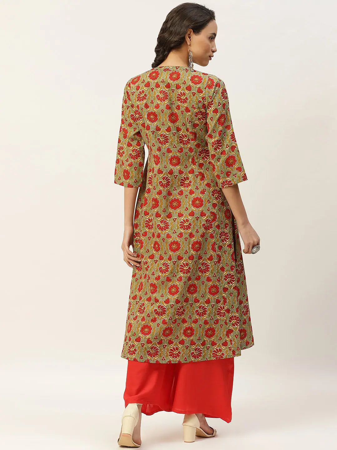 Grey Floral Print Indian Kurta for Women with Zari Work