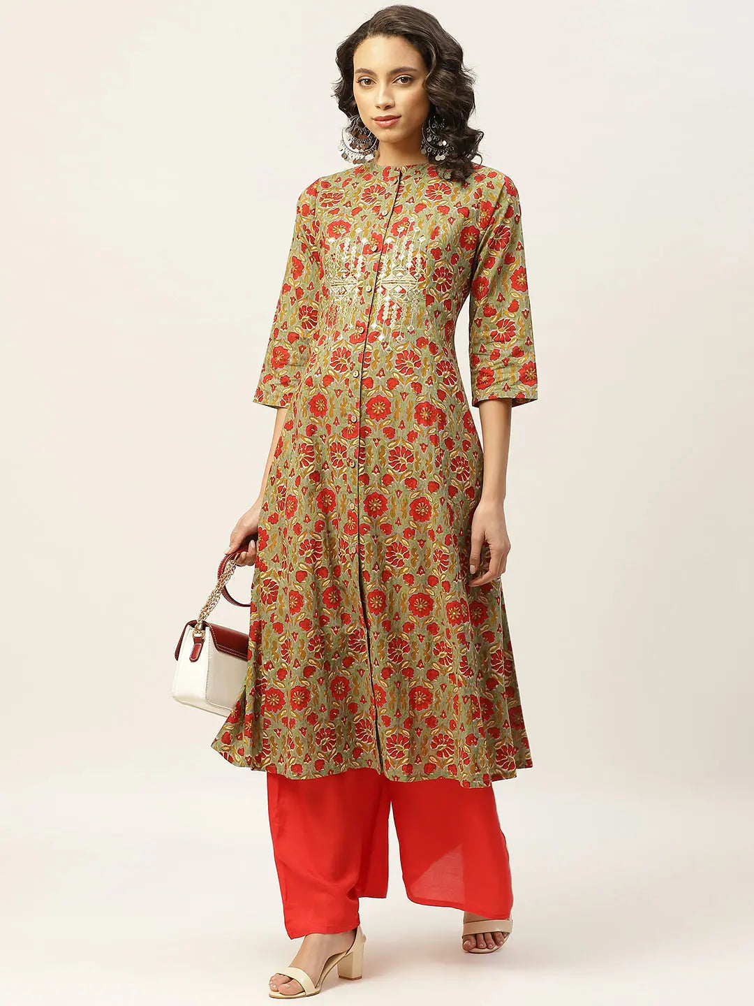 Grey Floral Print Indian Kurta for Women with Zari Work