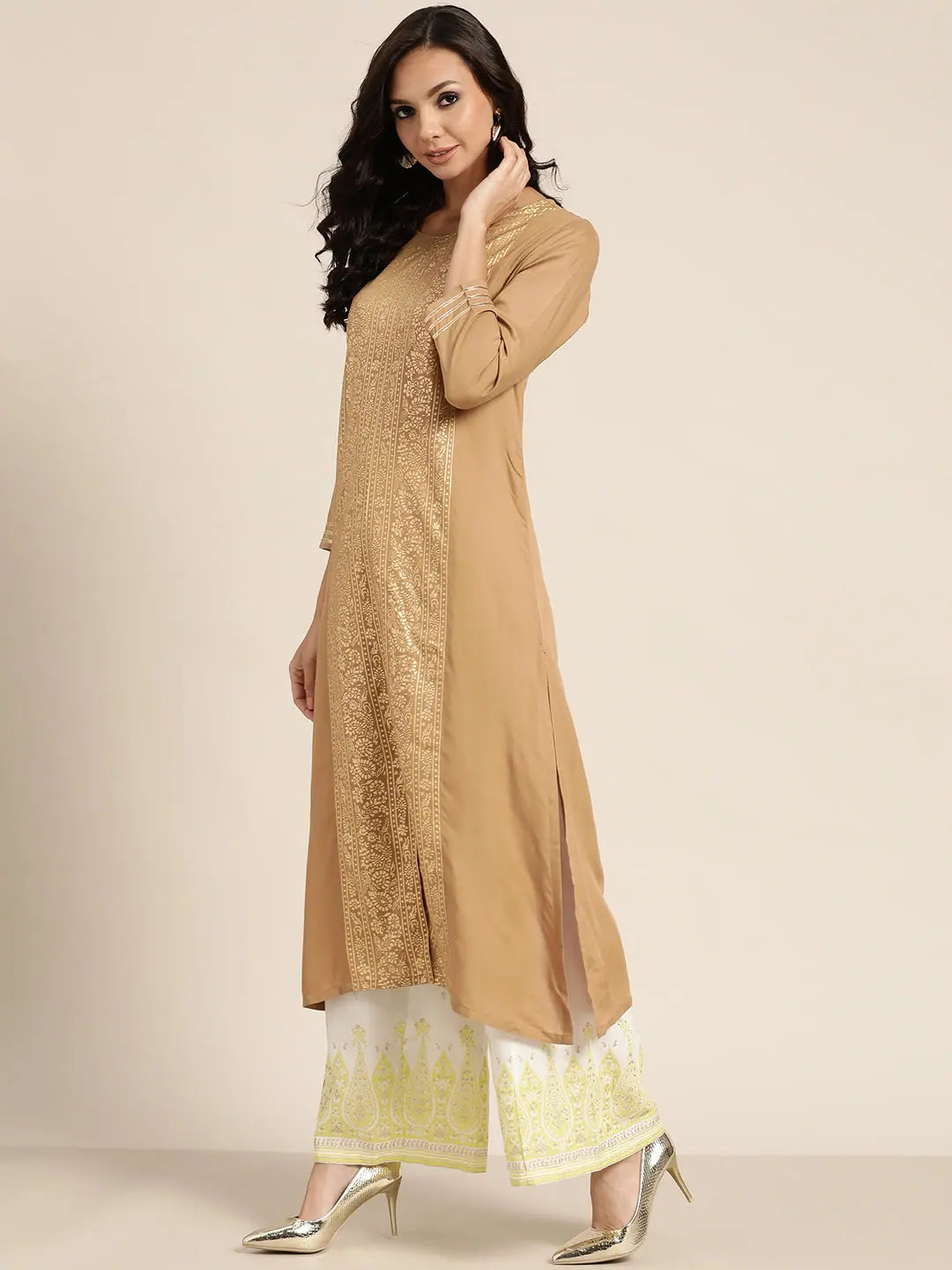 Brown Foil Print Rayon Kurta - Trendy Indian Kurta for Ladies