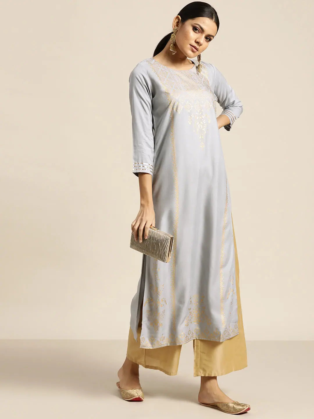 Grey Foil Print Kurta for Women - Stylish Indian Kurtis Online