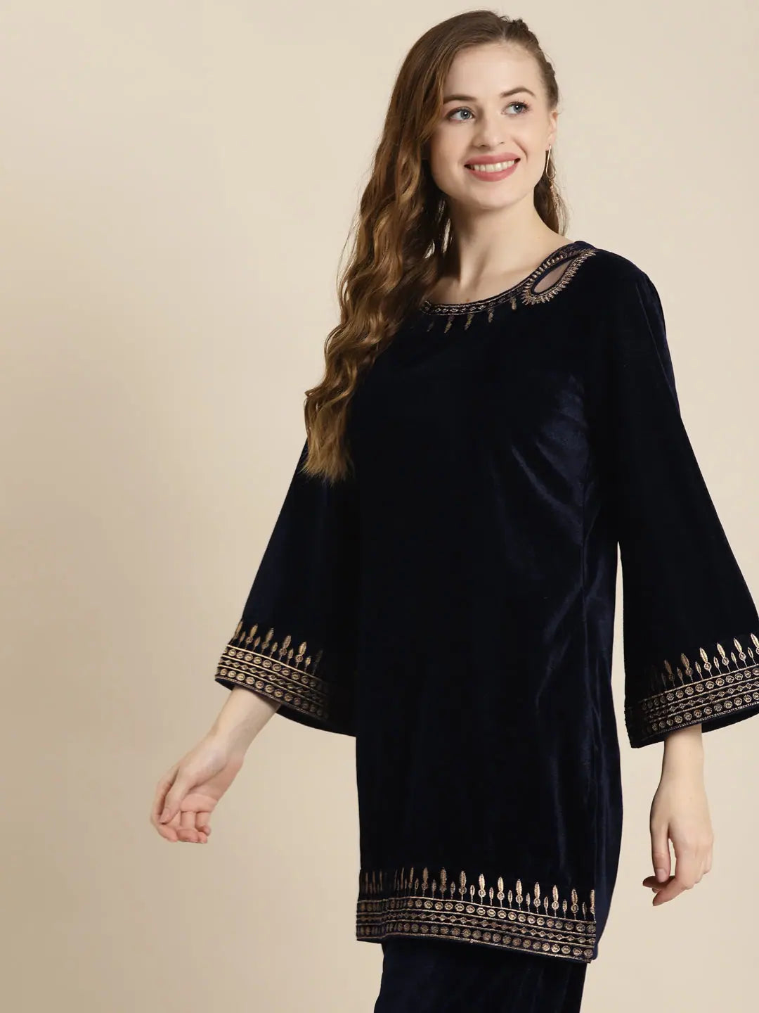 Navy Velvet Zari Embroidered Tunic Top - Indian Kurta Ladies