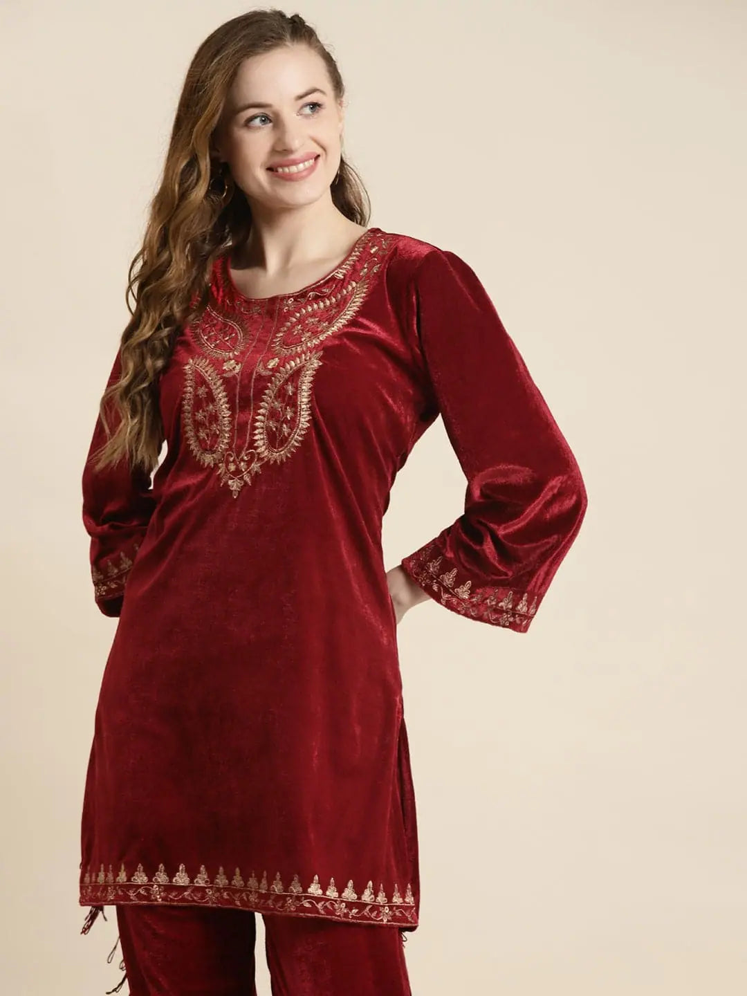 Maroon Velvet Zari Embroidered Indian Kurta for Women - Shop Now