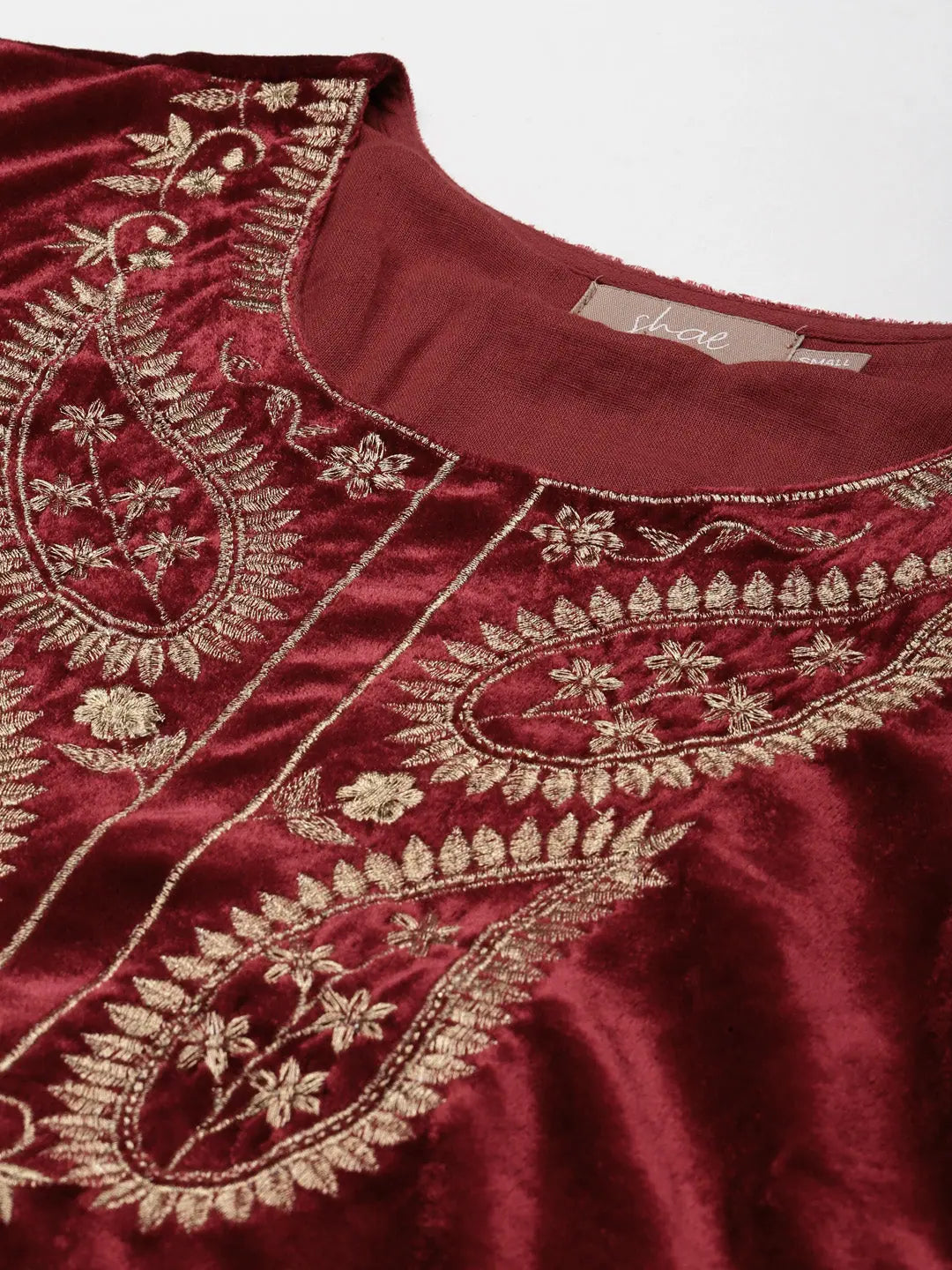 Maroon Velvet Zari Embroidered Indian Kurta for Women - Shop Now