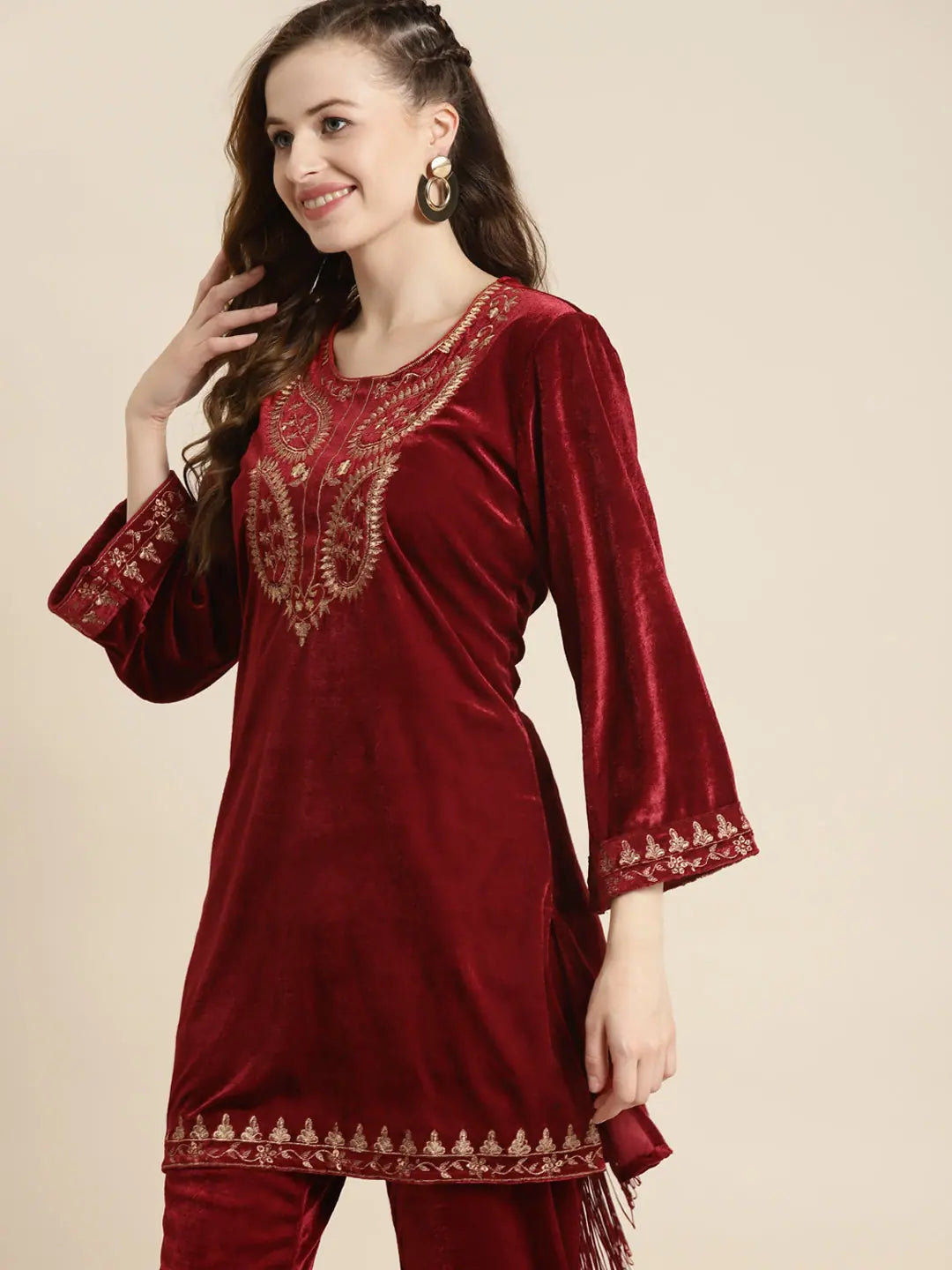 Maroon Velvet Zari Embroidered Indian Kurta for Women - Shop Now