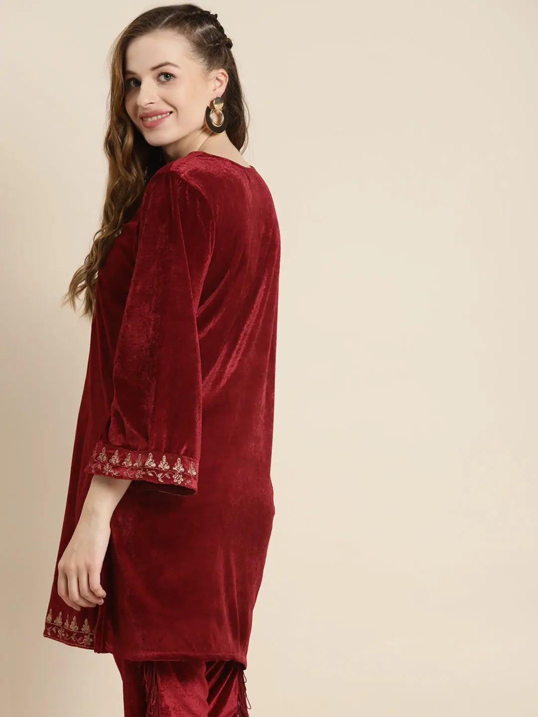 Maroon Velvet Zari Embroidered Indian Kurta for Women - Shop Now