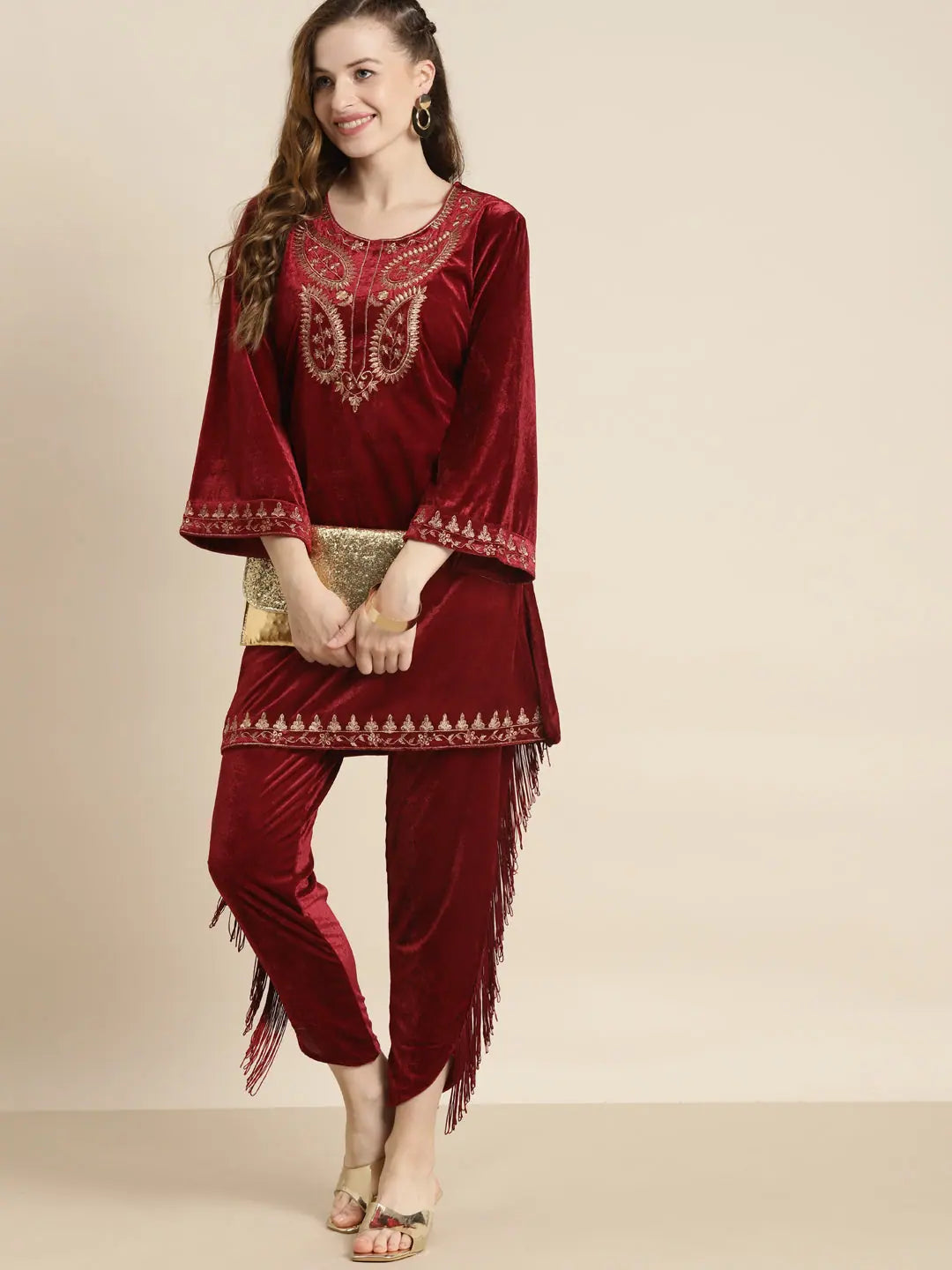 Maroon Velvet Zari Embroidered Indian Kurta for Women - Shop Now