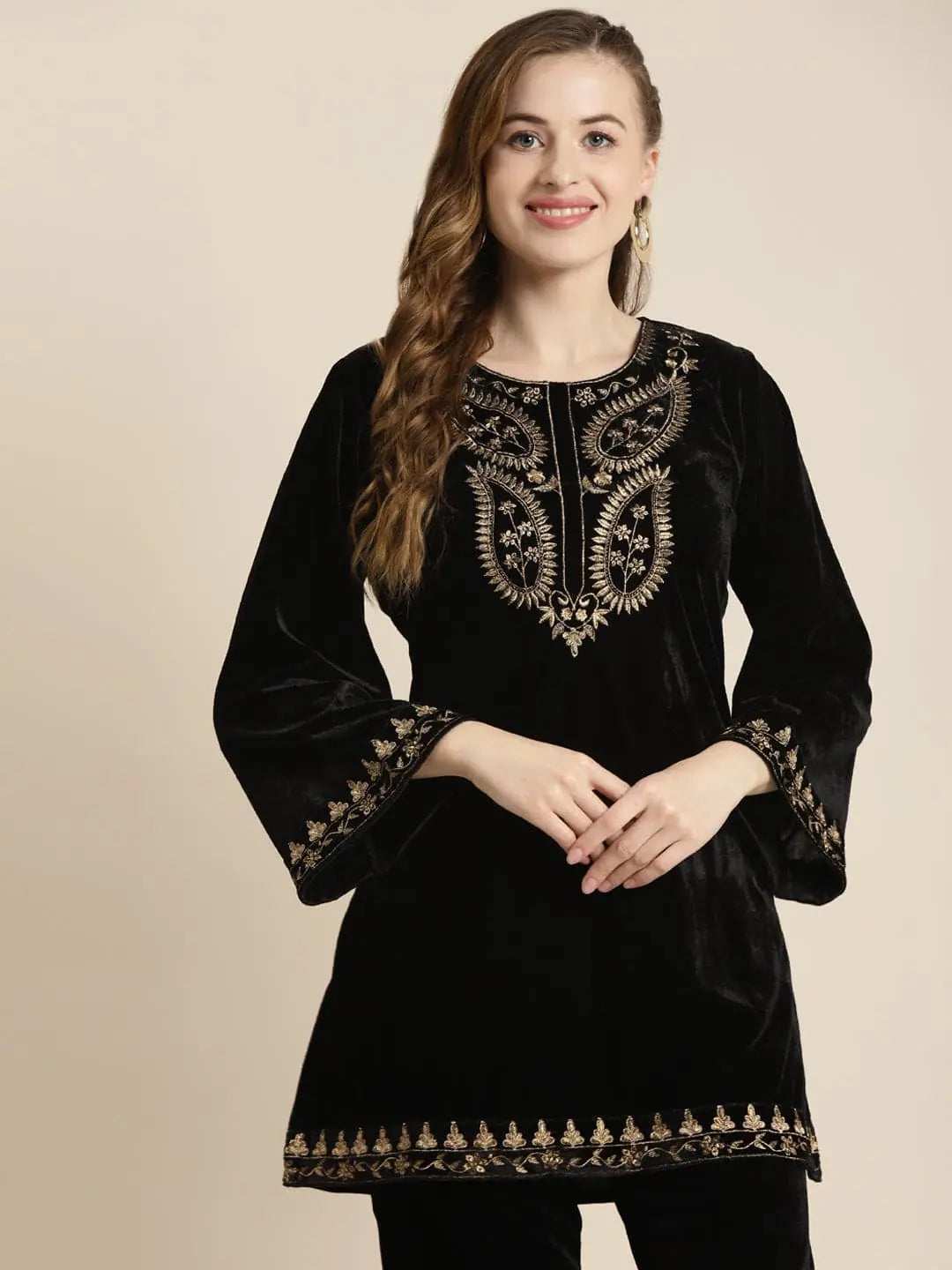 Black Velvet Zari Embroidered Short Kurta