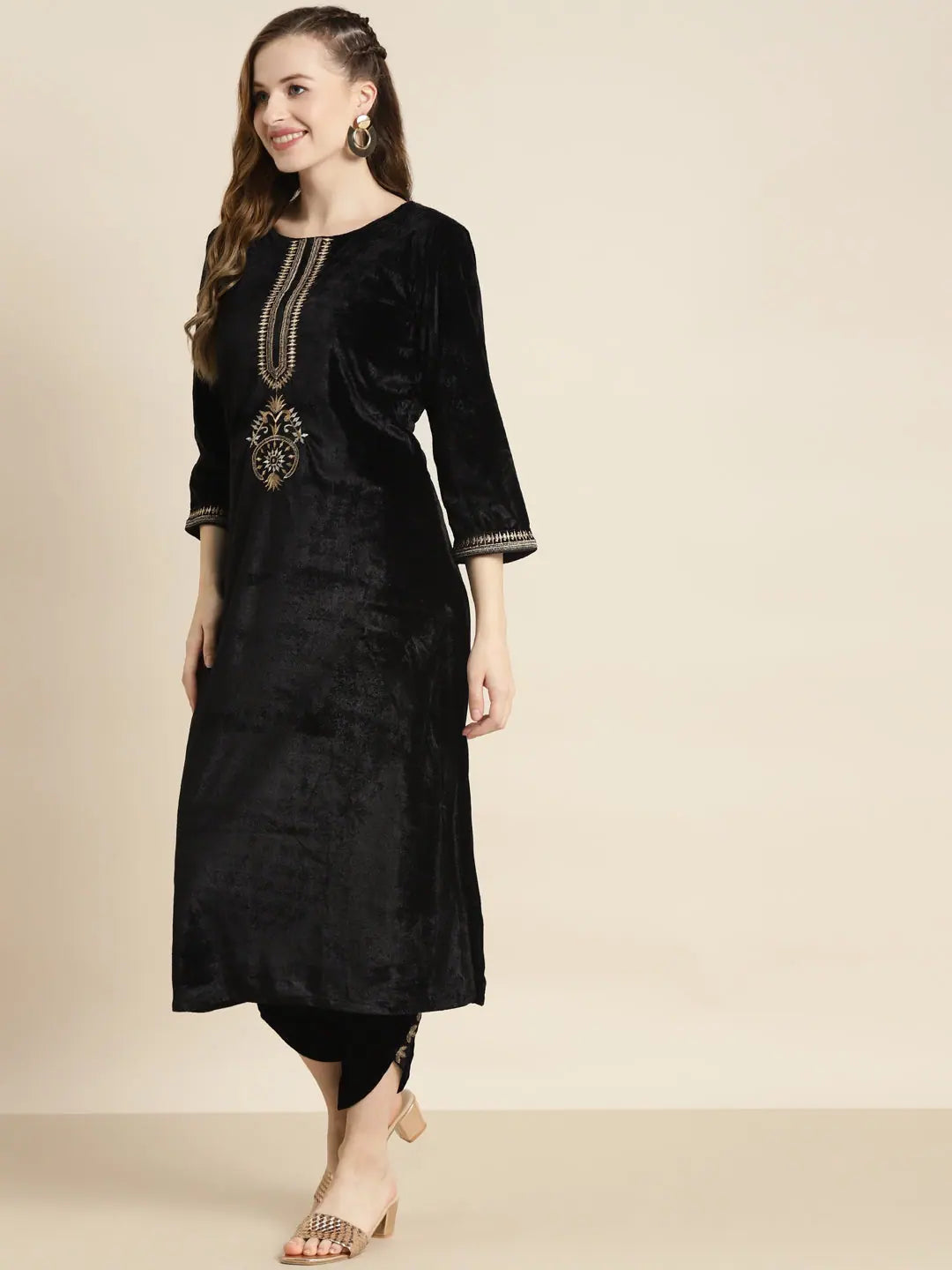 Black Velvet Embroidered Kurta - Elegant Indian Kurta Ladies
