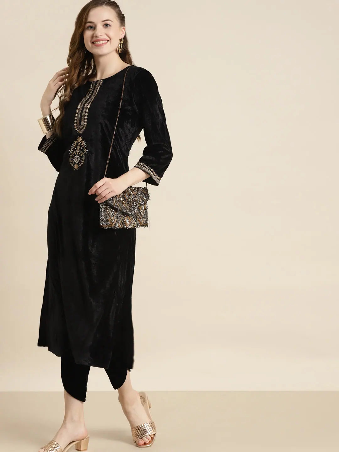 Black Velvet Embroidered Kurta - Elegant Indian Kurta Ladies