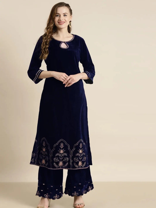 Navy Velvet Hem Zari Embroidered Kurta 1080