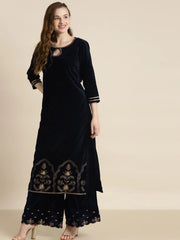 Navy Velvet Hem Zari Embroidered Kurta