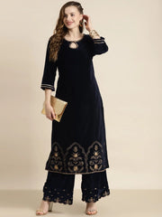 Navy Velvet Hem Zari Embroidered Kurta