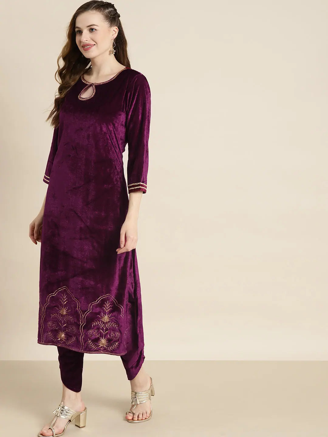 Purple Zari Embroidered Velvet Kurta - Indian Kurtis Collection