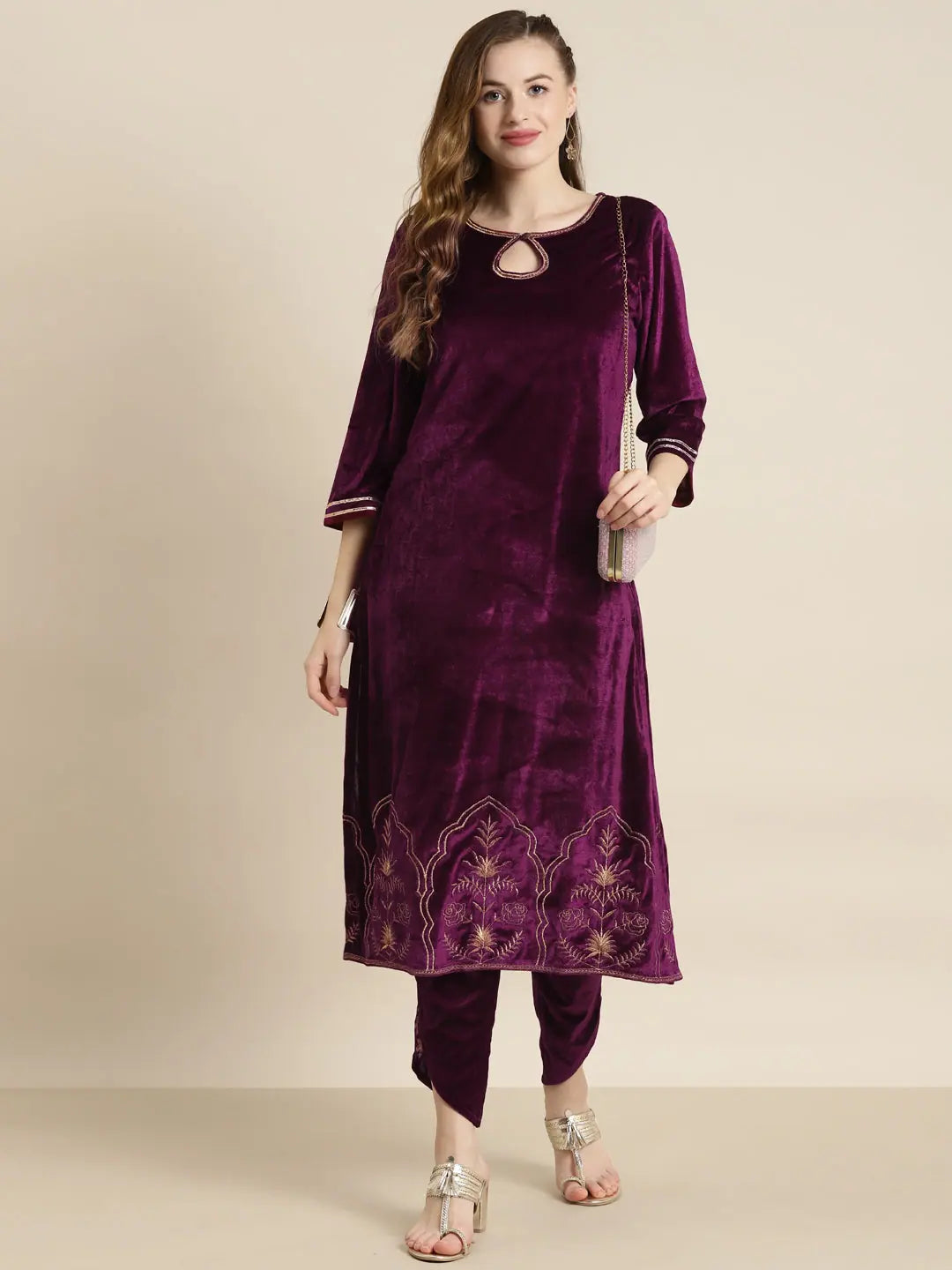 Purple Zari Embroidered Velvet Kurta - Indian Kurtis Collection