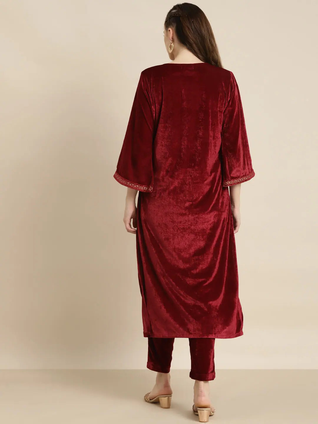 Maroon Velvet Zari Kurta | Embroidered Indian Kurta for Women