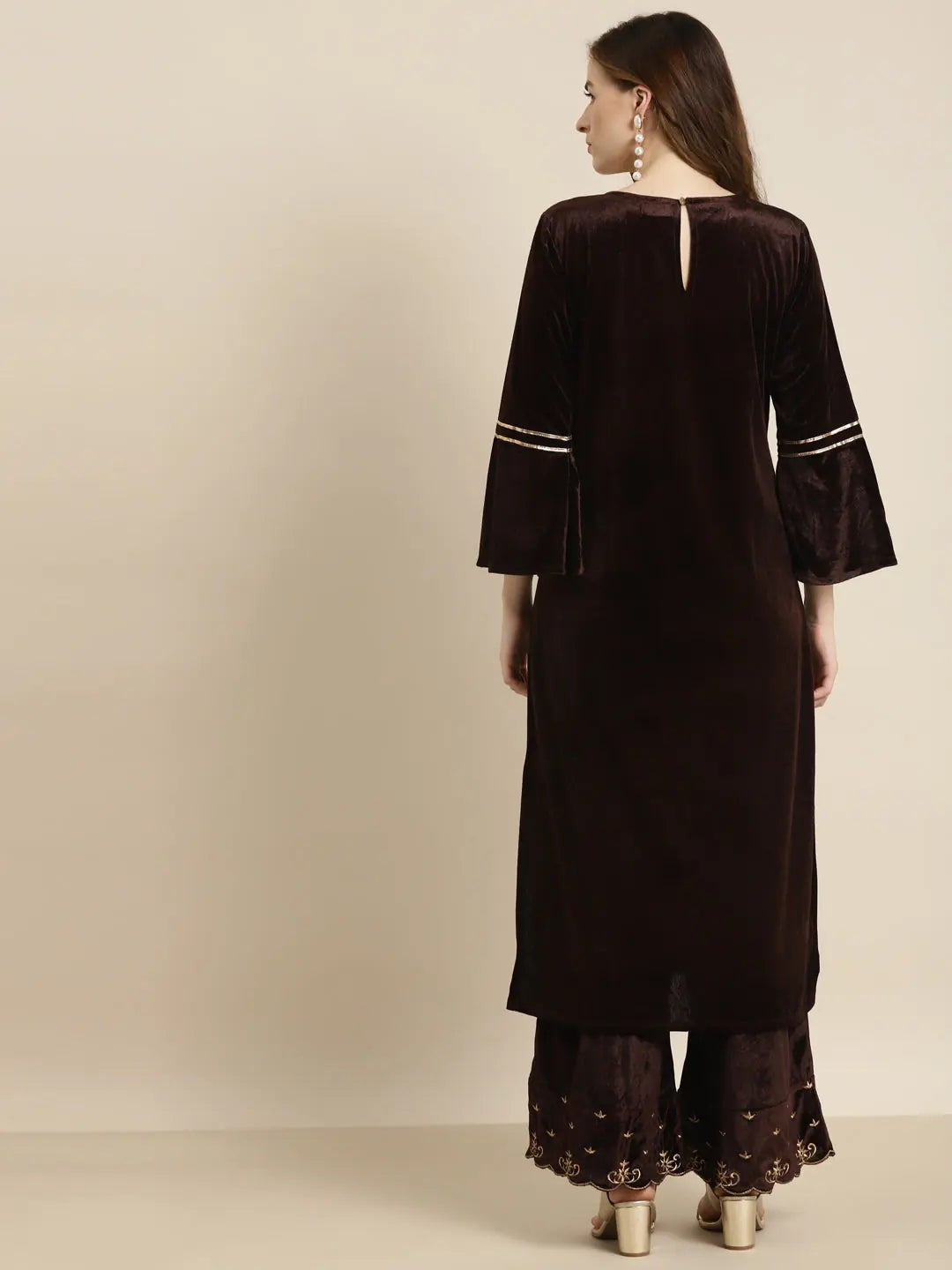 Brown Velvet Printed Kurta | Flared Sleeve Indian Kurta