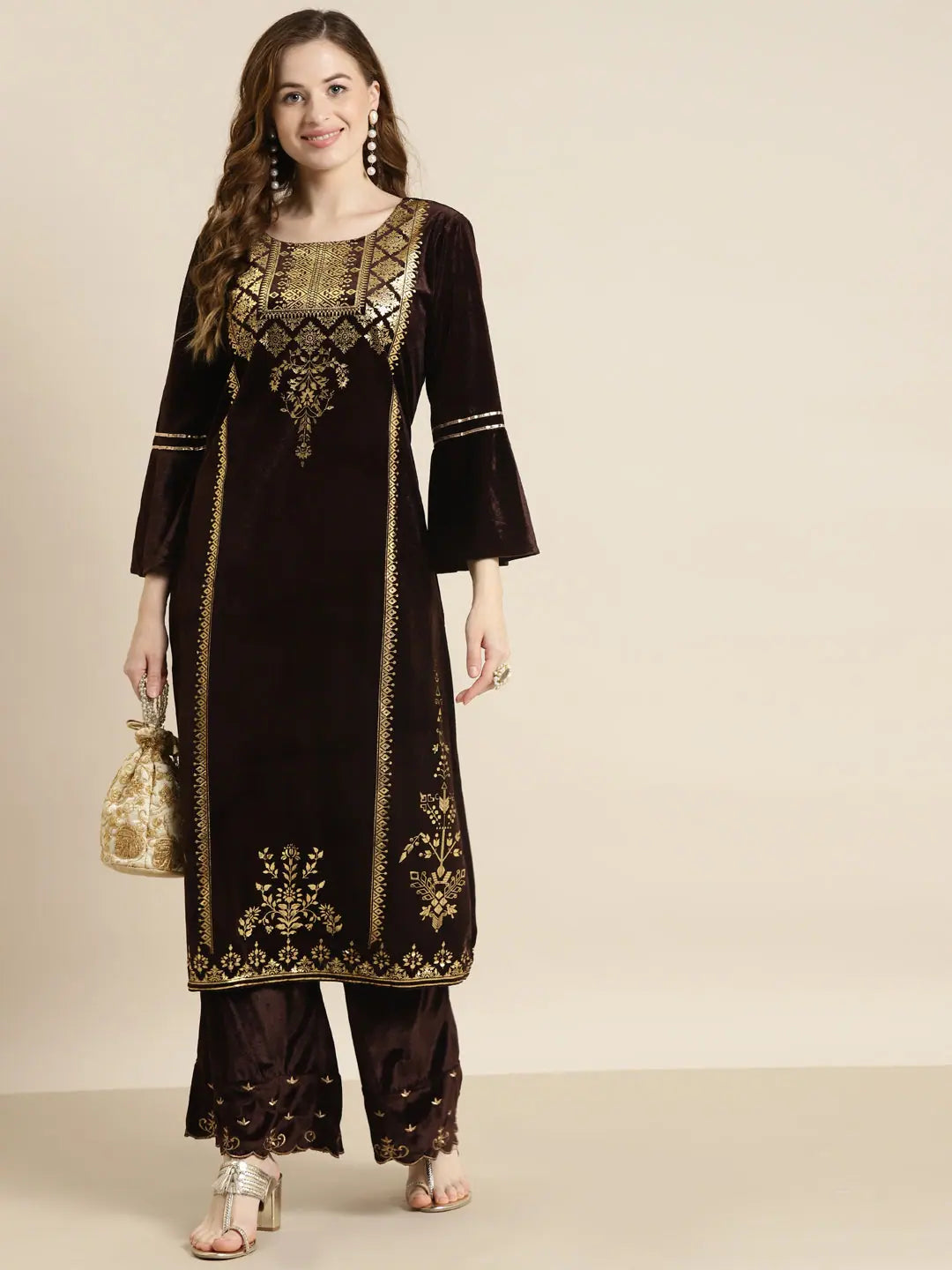 Brown Velvet Printed Kurta | Flared Sleeve Indian Kurta