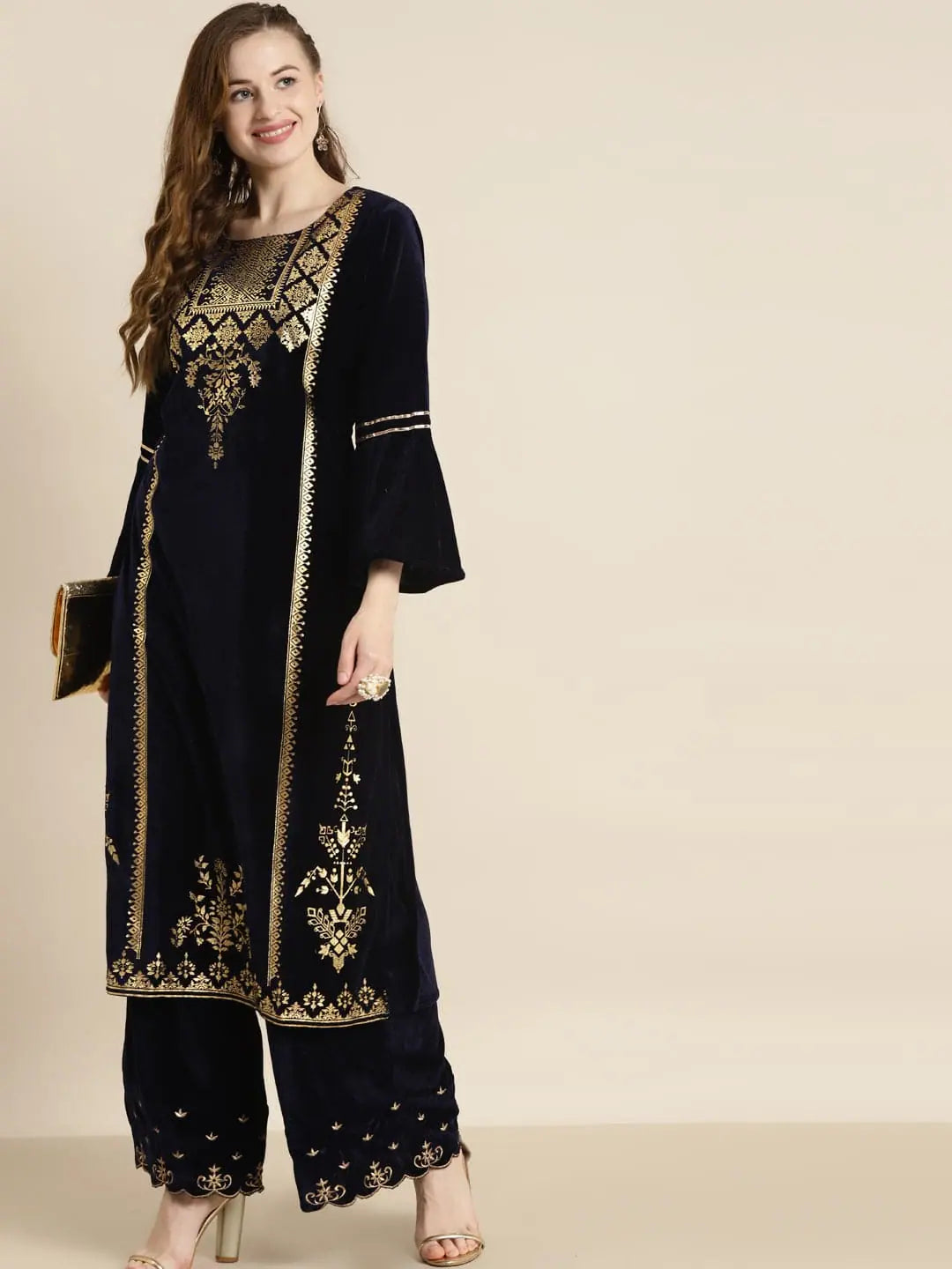Navy Velvet Foil Print Kurta | Trendy Indian Kurtis Online