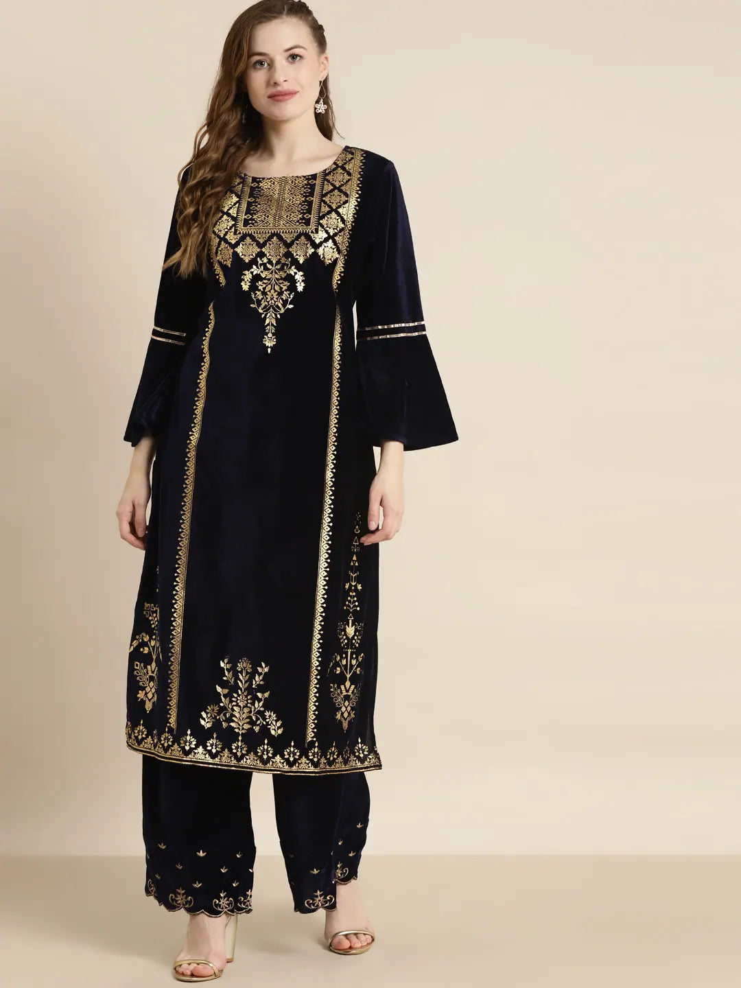Navy Velvet Foil Print Kurta | Trendy Indian Kurtis Online