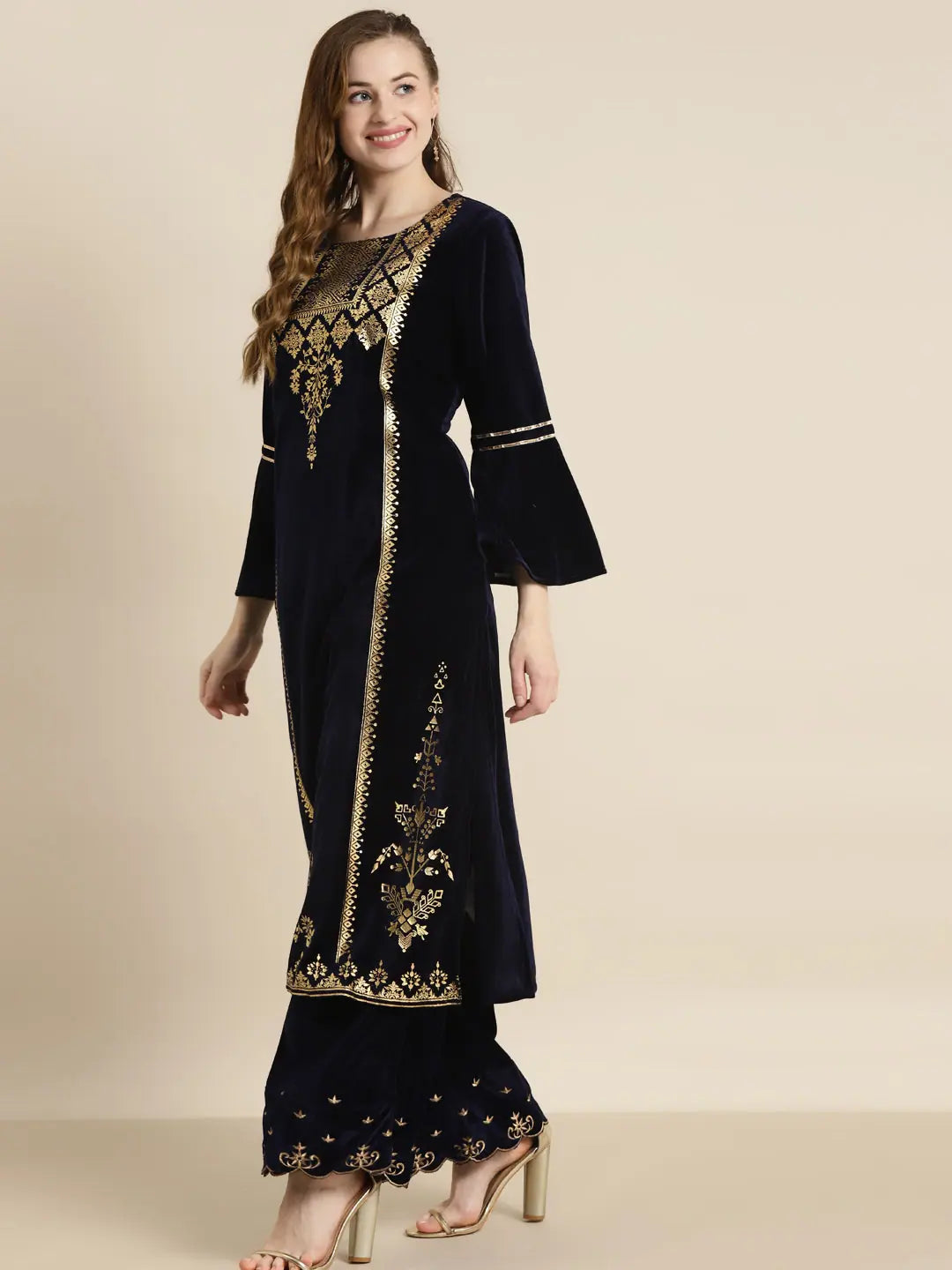 Navy Velvet Foil Print Kurta | Trendy Indian Kurtis Online