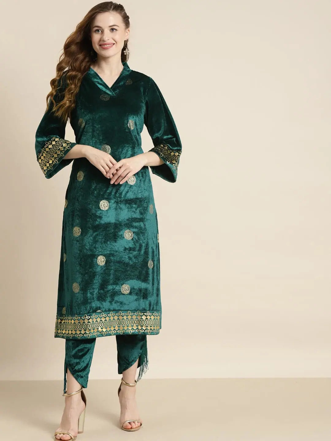 Teal Velvet Foil Print Kurta - Bell Sleeve Indian Kurta Style