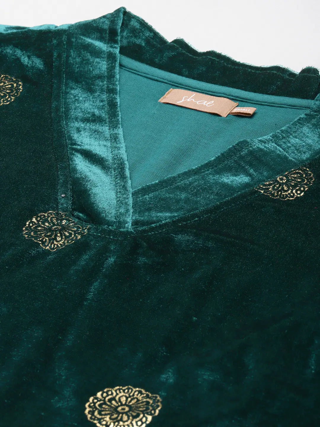 Teal Velvet Foil Print Kurta - Bell Sleeve Indian Kurta Style