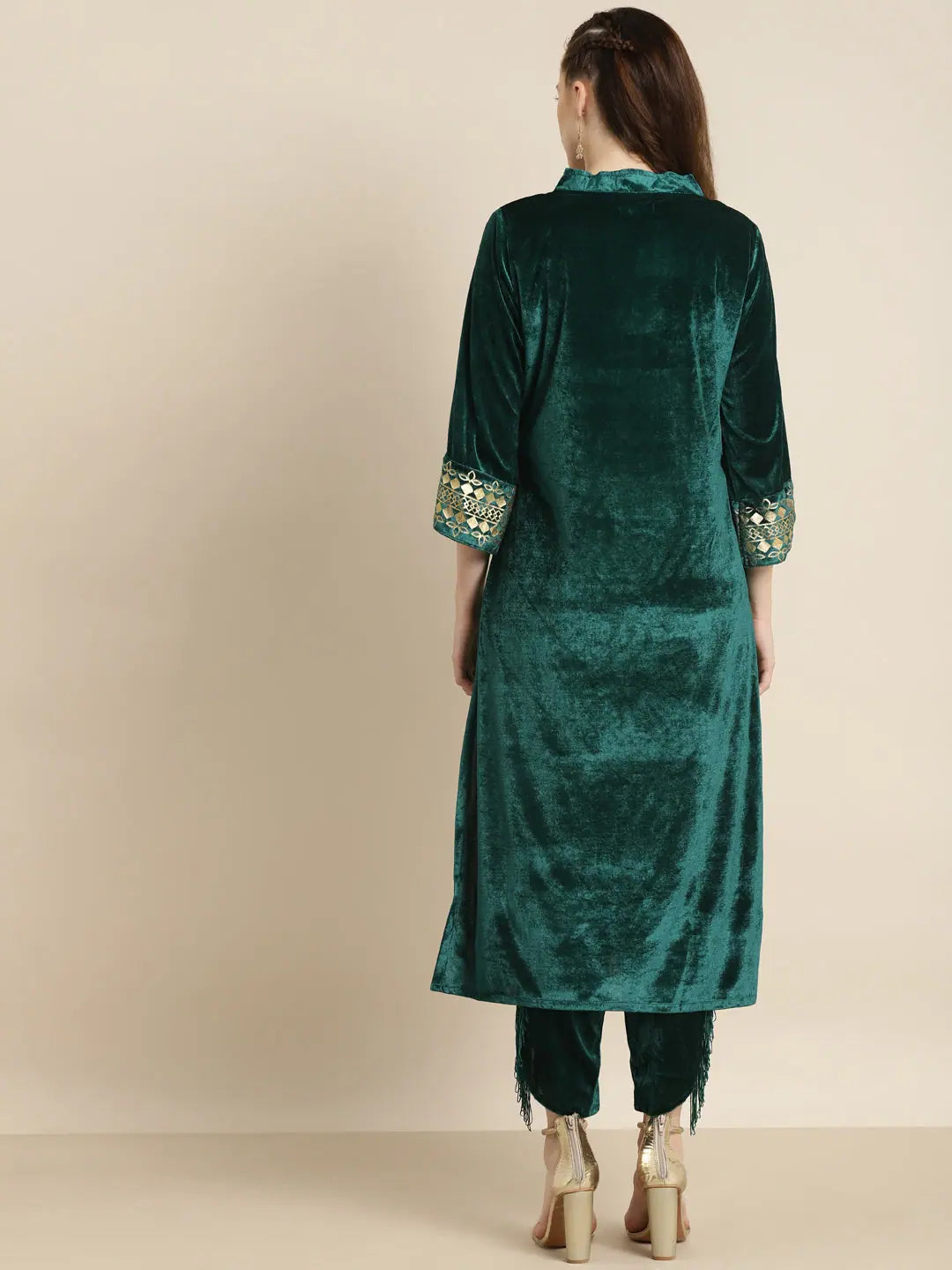Teal Velvet Foil Print Kurta - Bell Sleeve Indian Kurta Style