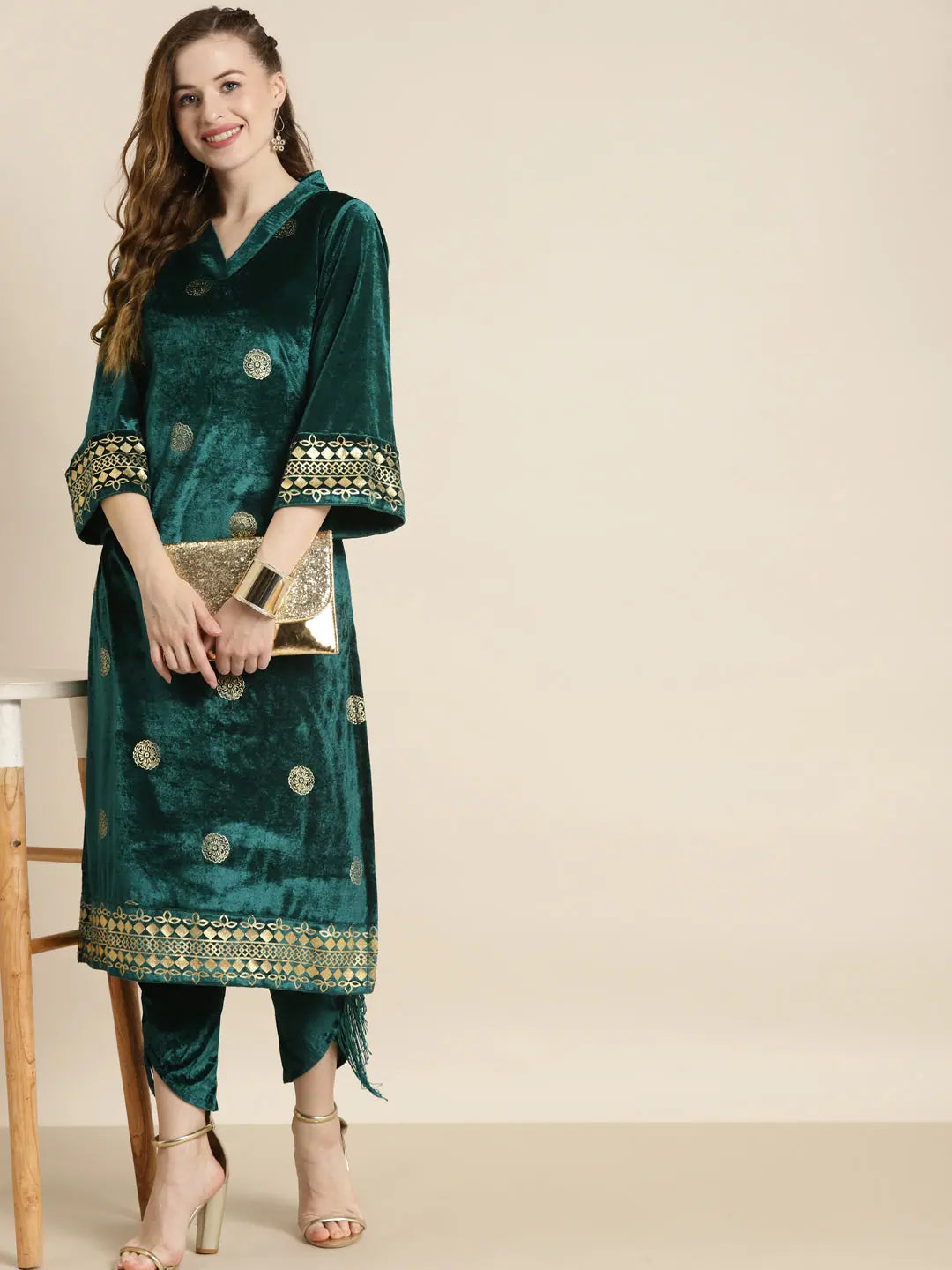 Teal Velvet Foil Print Kurta - Bell Sleeve Indian Kurta Style