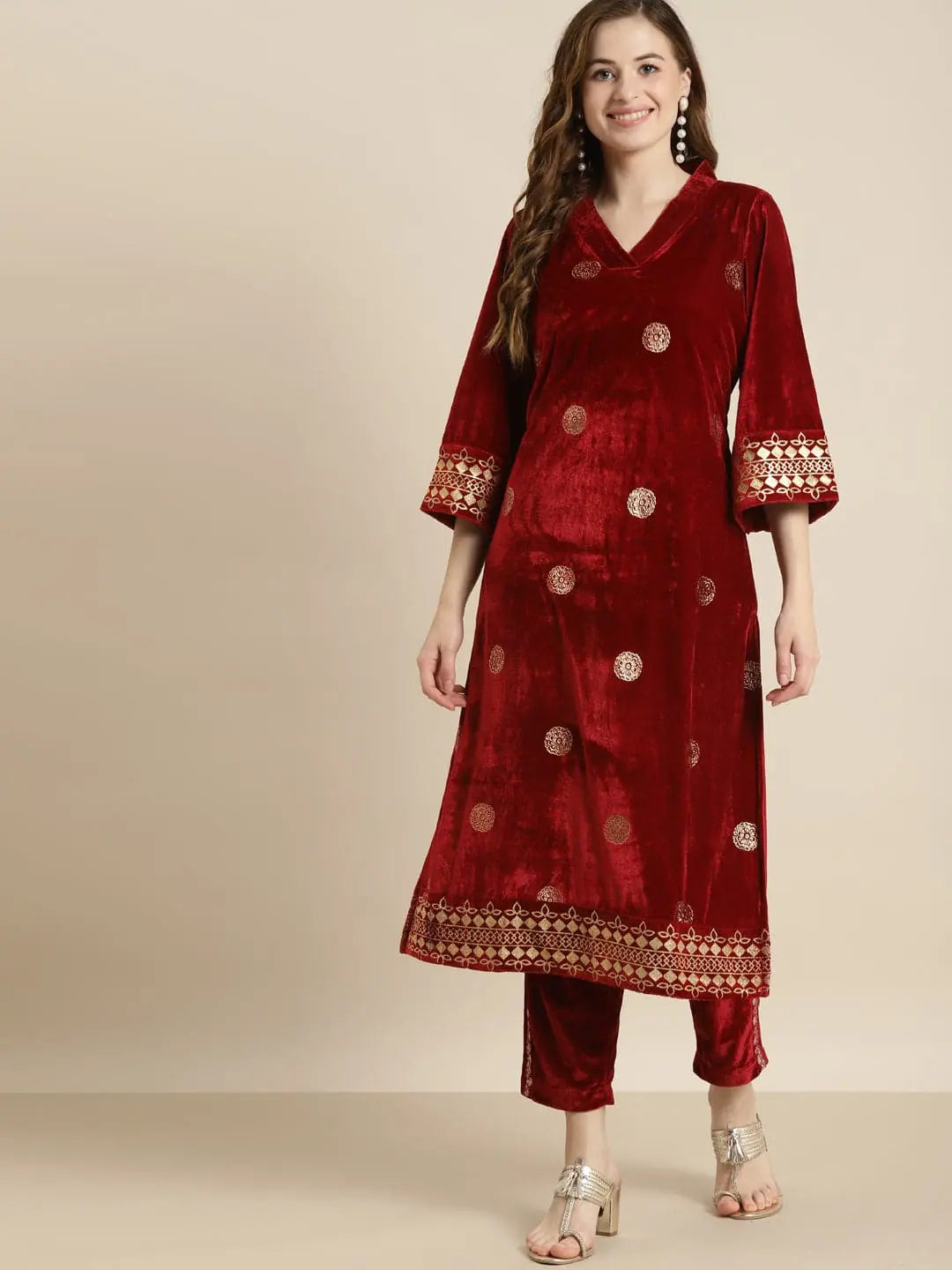 Maroon Velvet Bell Sleeve Kurta | Indian Kurtis for Women