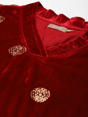 Maroon Velvet Foil Print Bell Sleeve Kurta