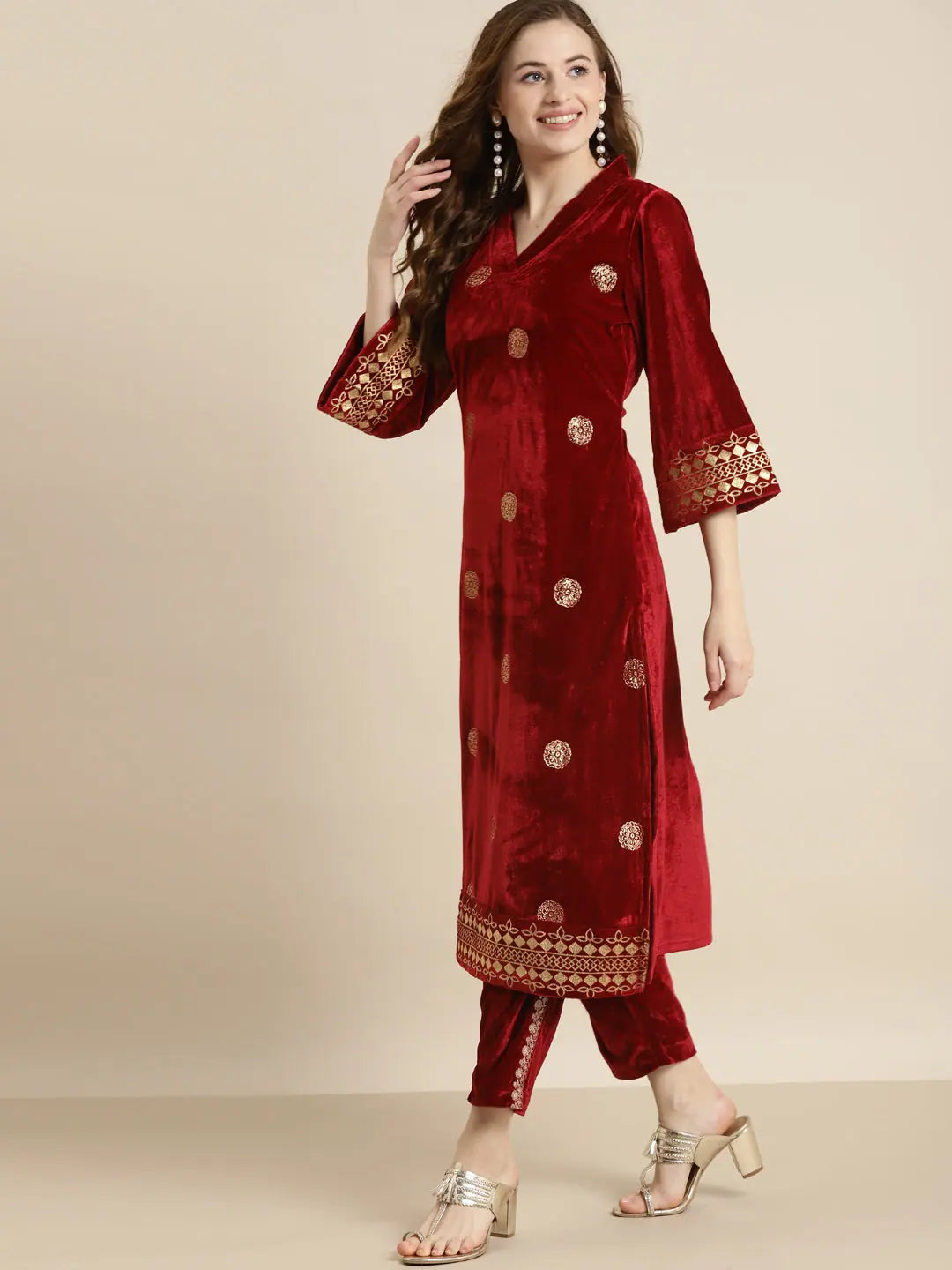 Maroon Velvet Bell Sleeve Kurta | Indian Kurtis for Women