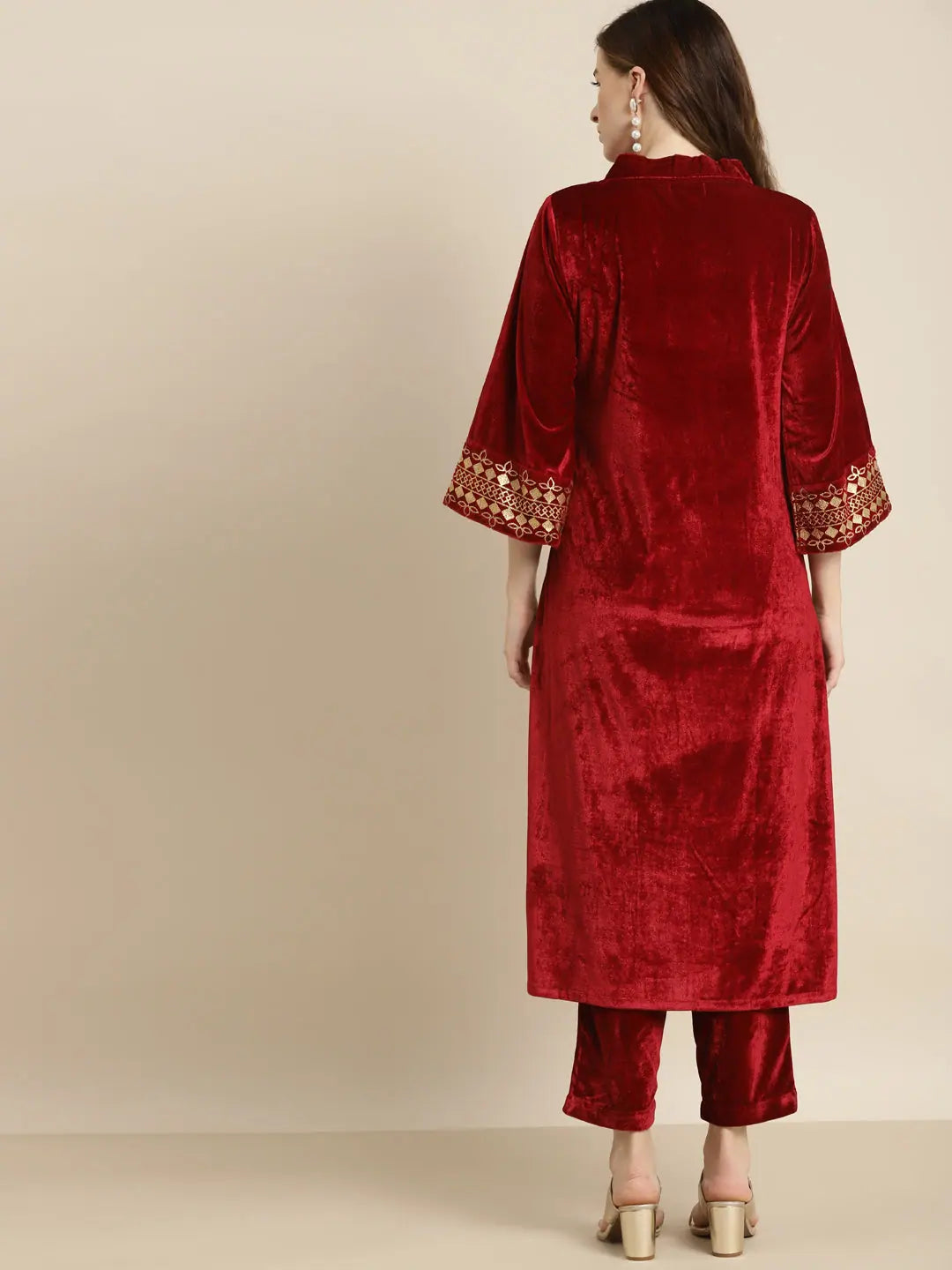 Maroon Velvet Bell Sleeve Kurta | Indian Kurtis for Women