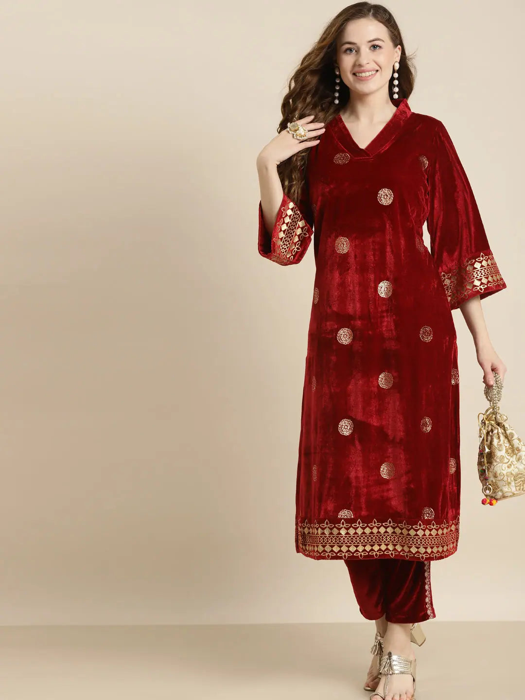 Maroon Velvet Bell Sleeve Kurta | Indian Kurtis for Women
