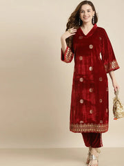 Maroon Velvet Foil Print Bell Sleeve Kurta