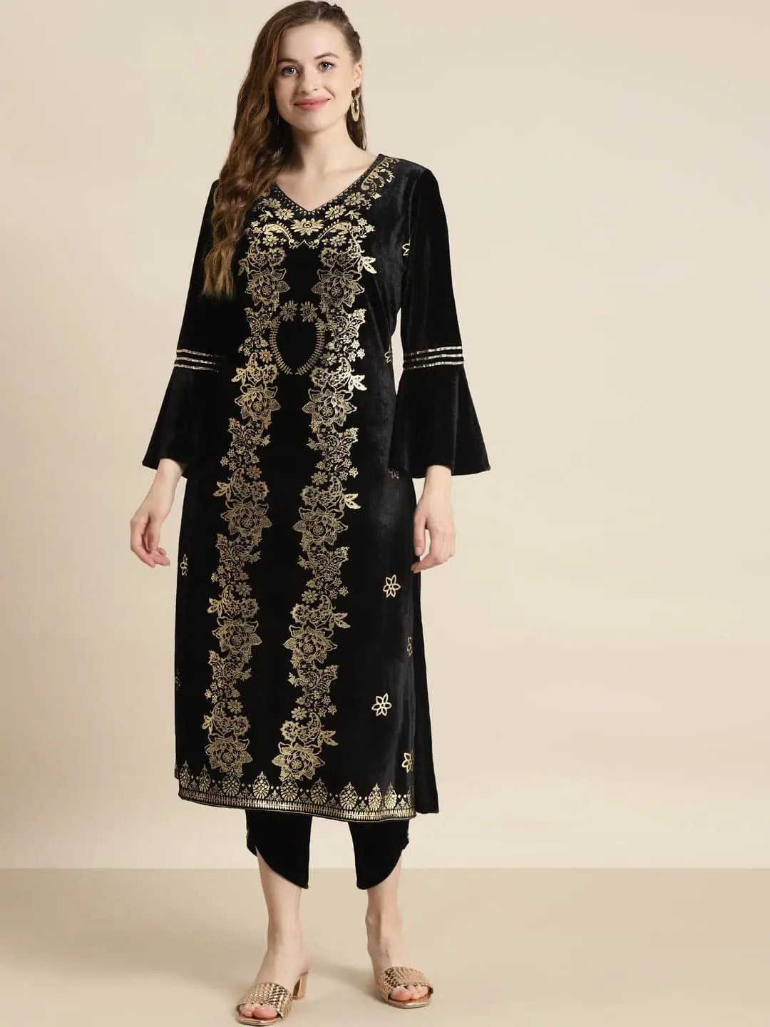 Black Velvet Foil Print Kurta - Stylish Indian Kurta for Women