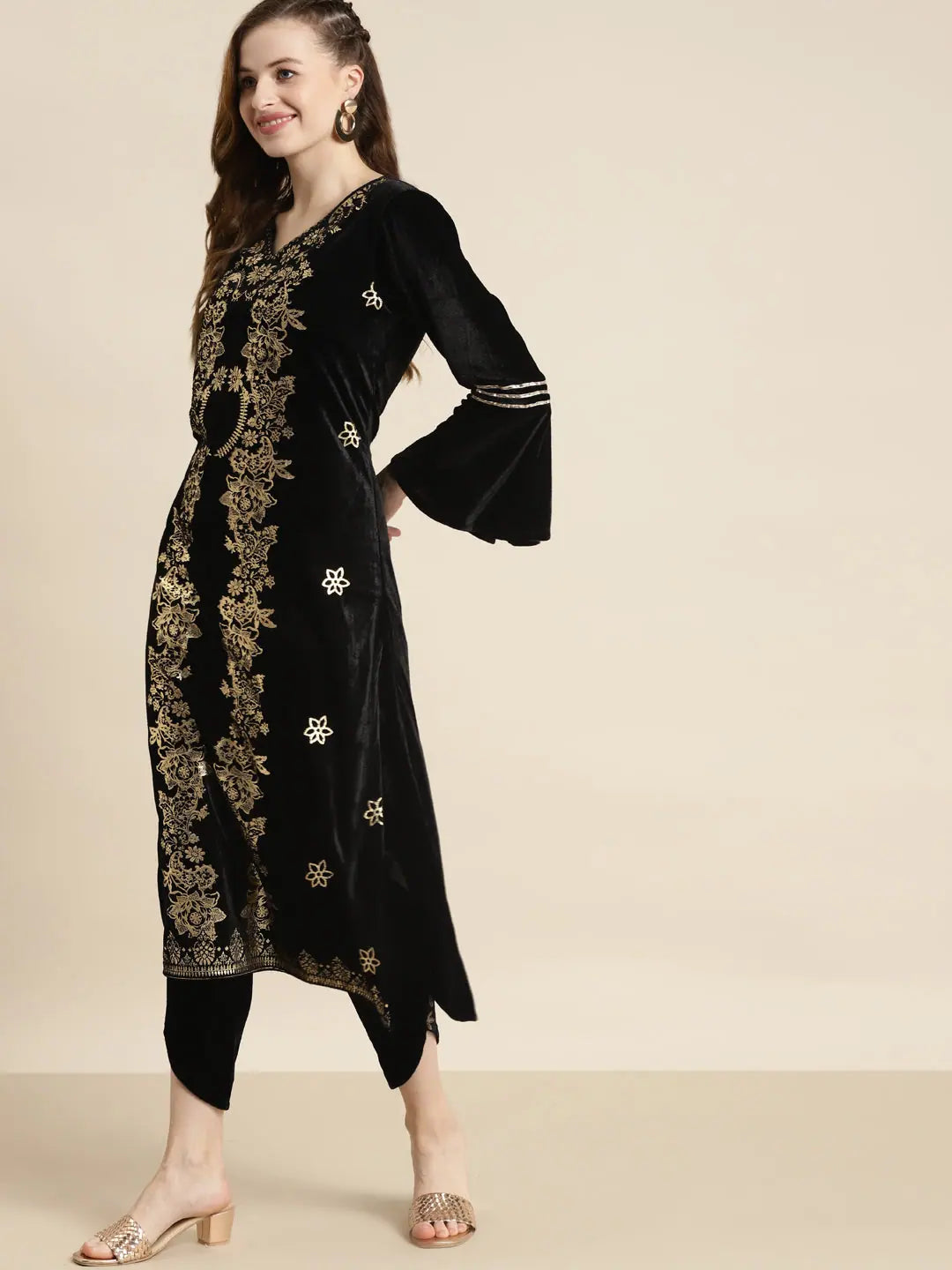 Black Velvet Foil Print Kurta - Stylish Indian Kurta for Women