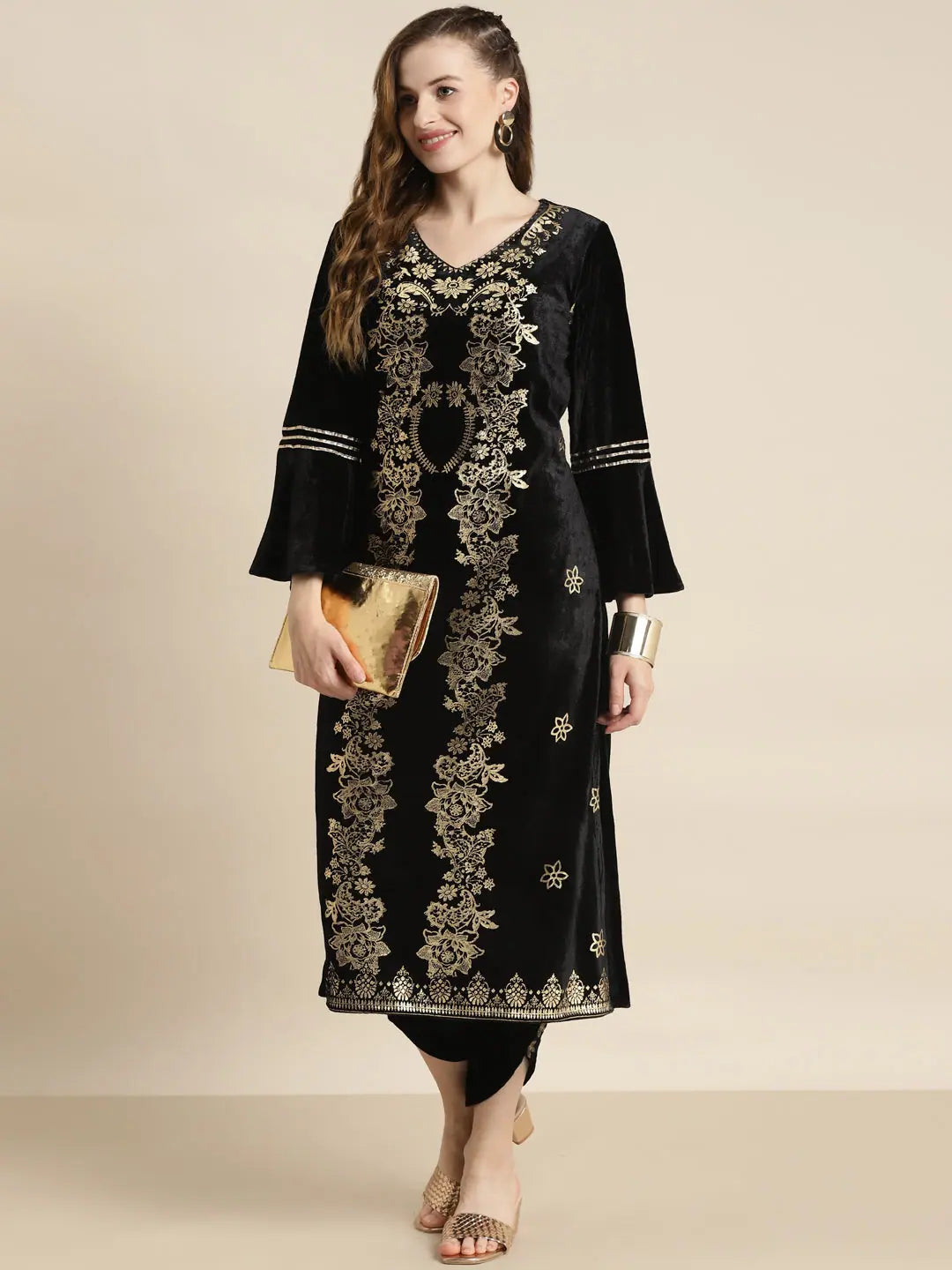 Black Velvet Foil Print Kurta - Stylish Indian Kurta for Women