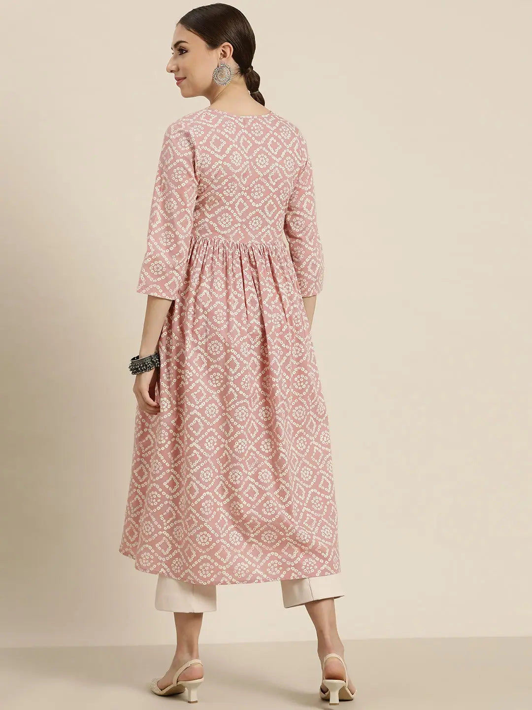Mauve Bandhej Gathered Kurta - Women's Cotton Indian Kurta