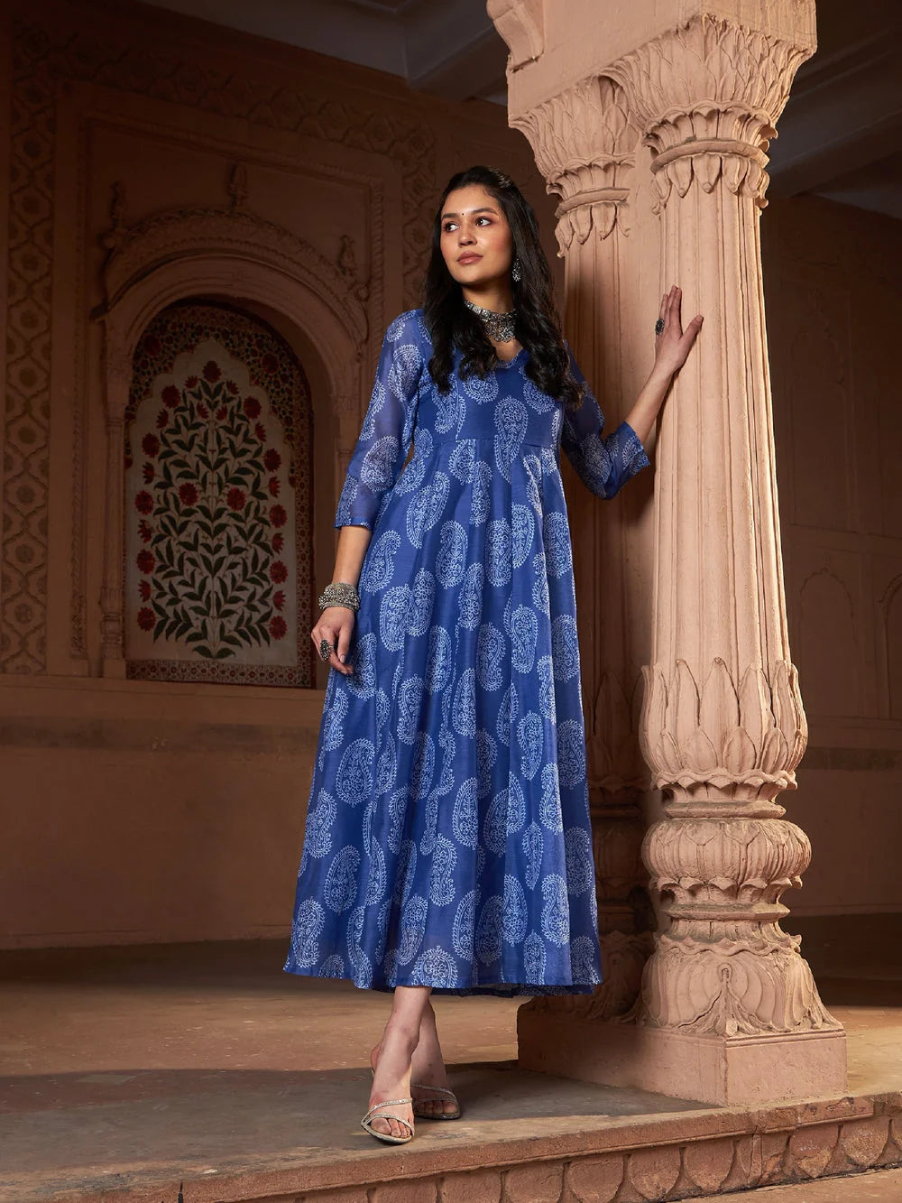 Blue Paisley Anarkali Kurta for Women | Chanderi Poly Silk
