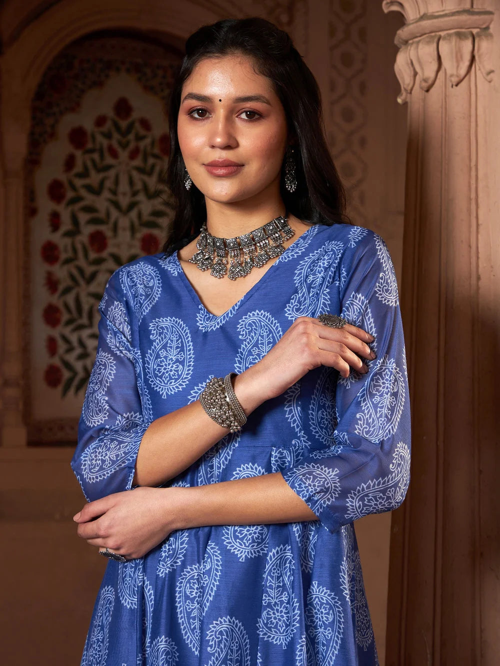 Blue Paisley Anarkali Kurta for Women | Chanderi Poly Silk