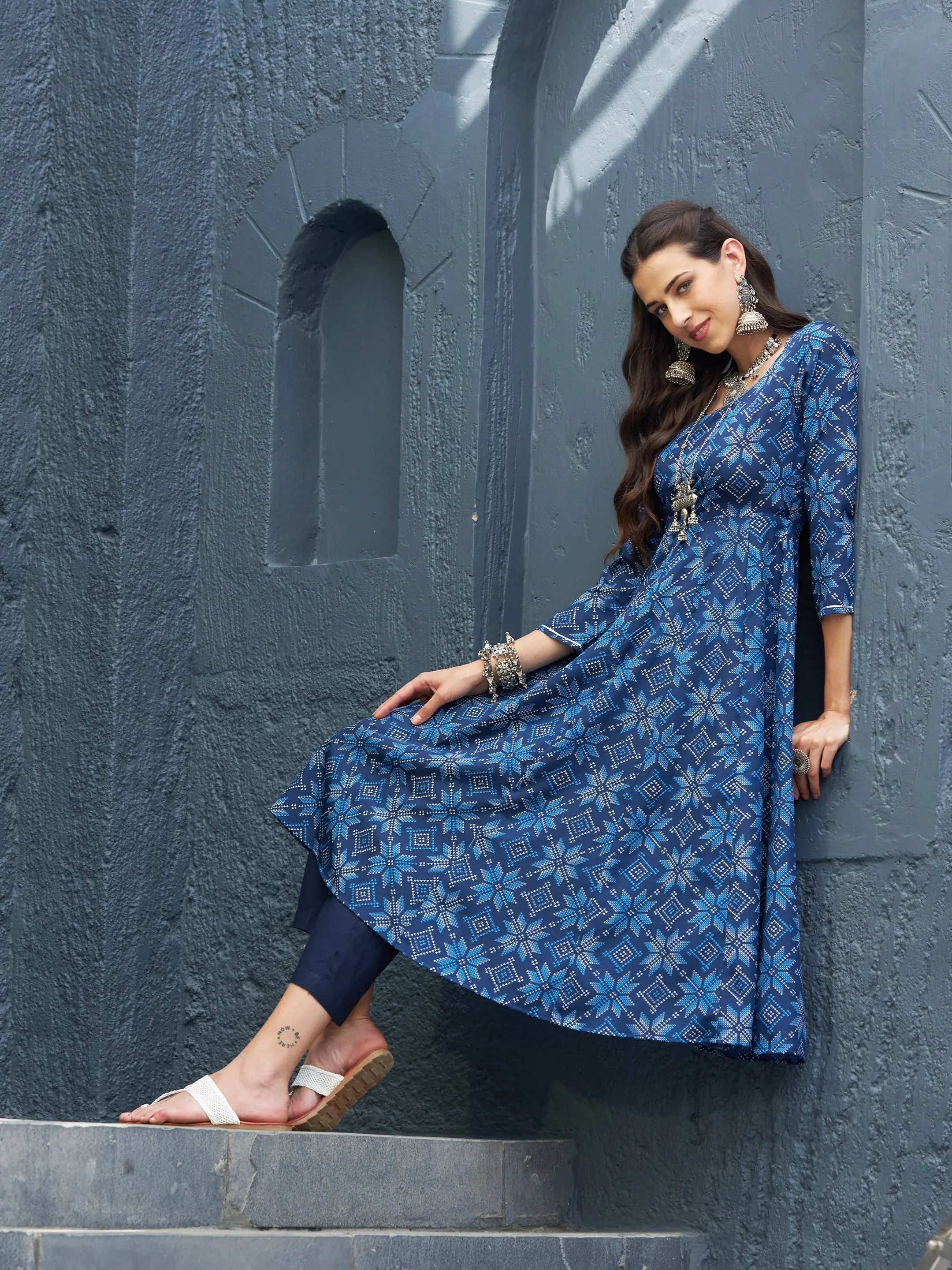 Blue Floral Anarkali Kurta for Women | Designer Anarkali Kurti