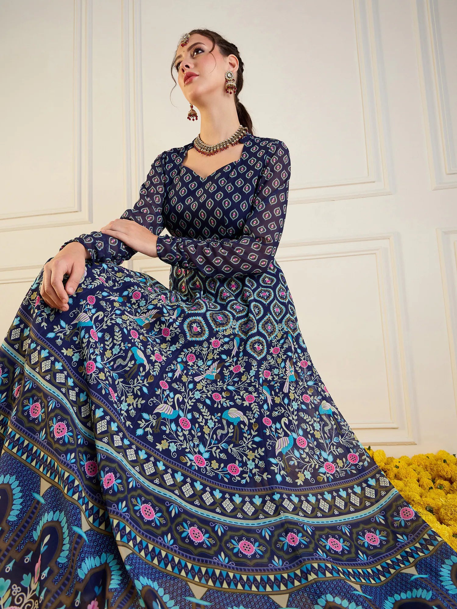 Navy Floral Anarkali Kurti - Sweetheart Neck Anarkali Dress