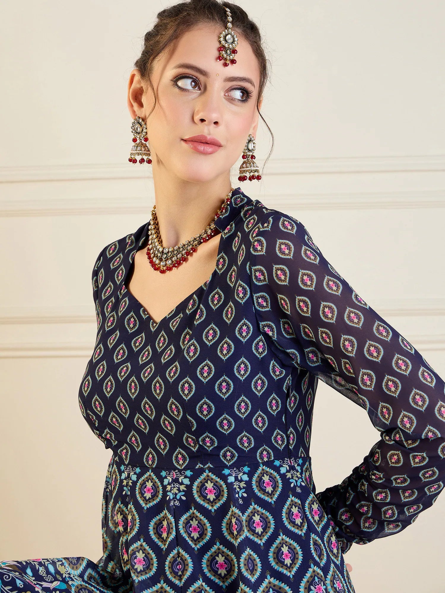 Navy Floral Anarkali Kurti - Sweetheart Neck Anarkali Dress