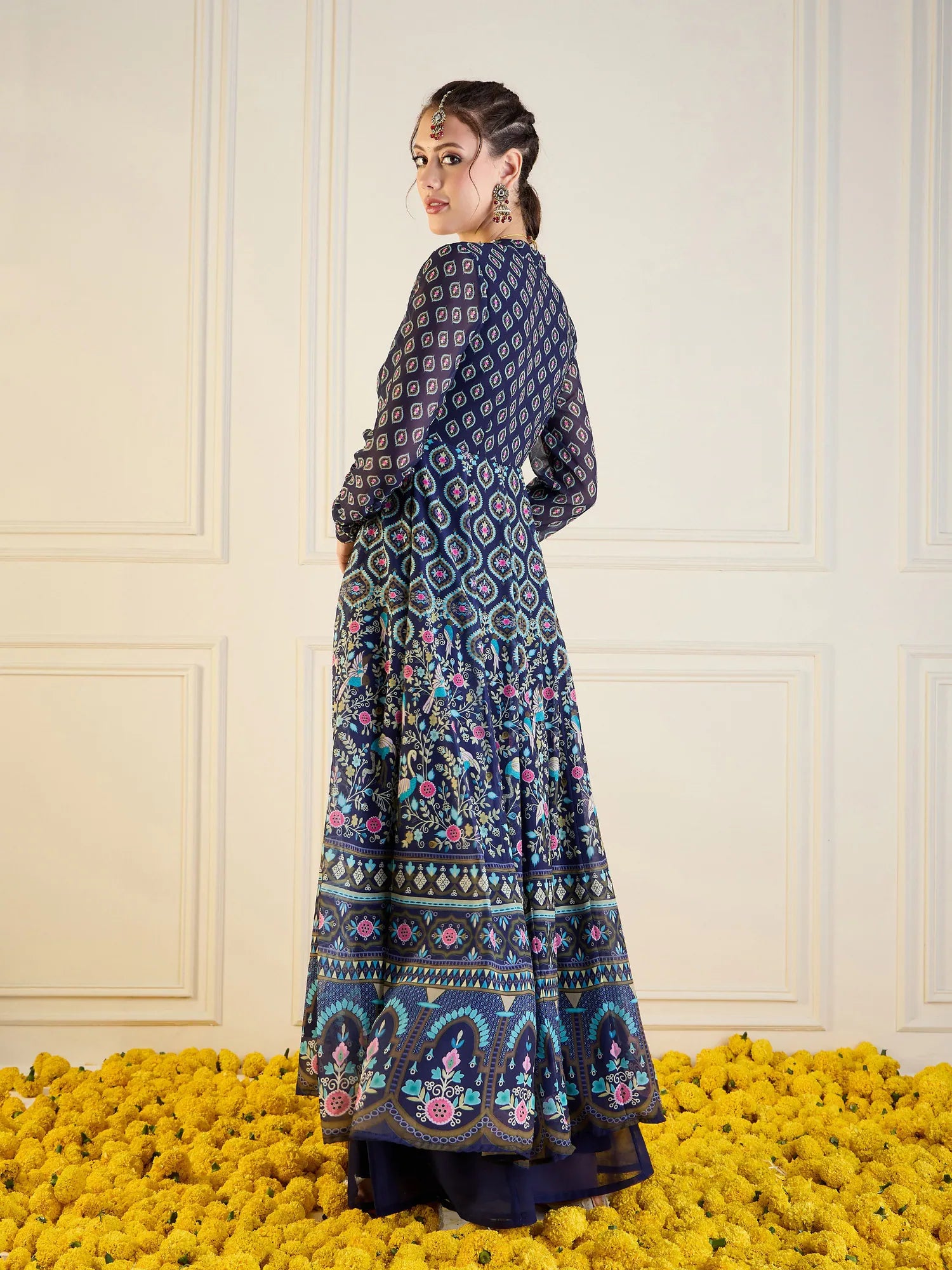 Navy Floral Anarkali Kurti - Sweetheart Neck Anarkali Dress