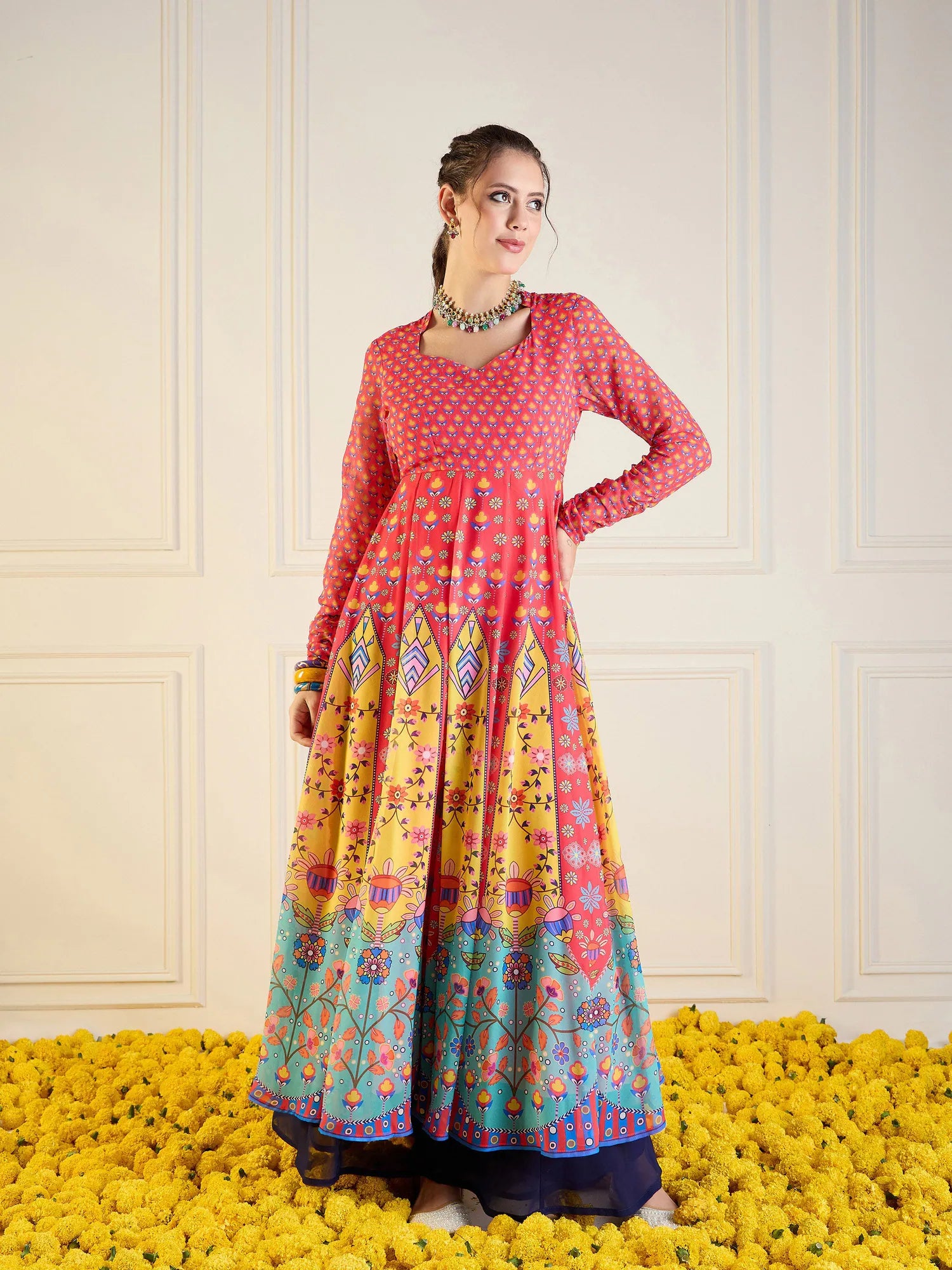 Floral Anarkali Kurti - Red & Yellow Sweetheart Neck Design