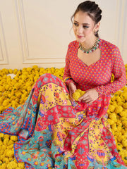 Women Red & Yellow Floral Sweetheart Neck Anarkali Kurta-SHKUR00418