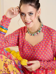 Women Red & Yellow Floral Sweetheart Neck Anarkali Kurta-SHKUR00418