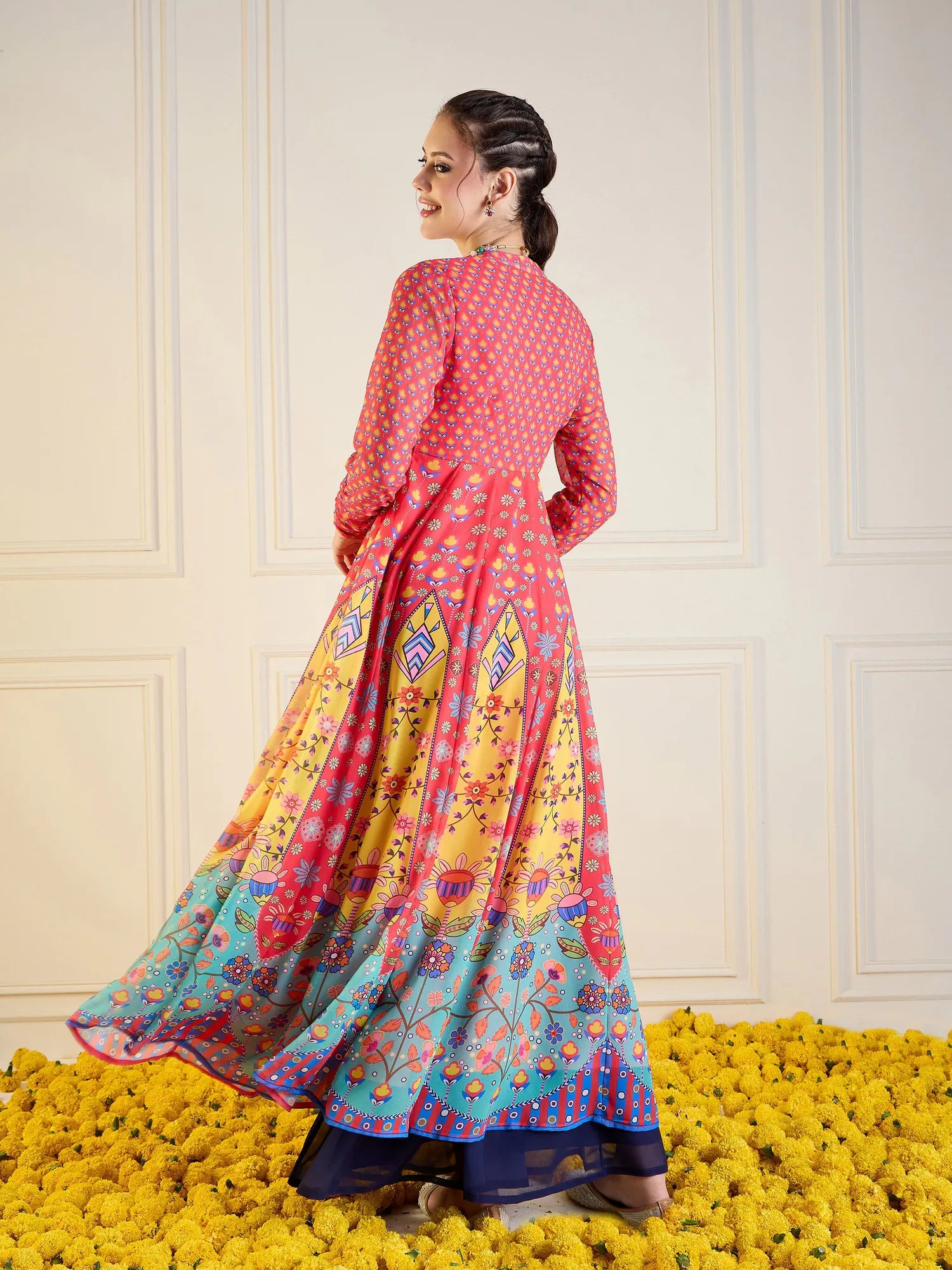 Floral Anarkali Kurti - Red & Yellow Sweetheart Neck Design