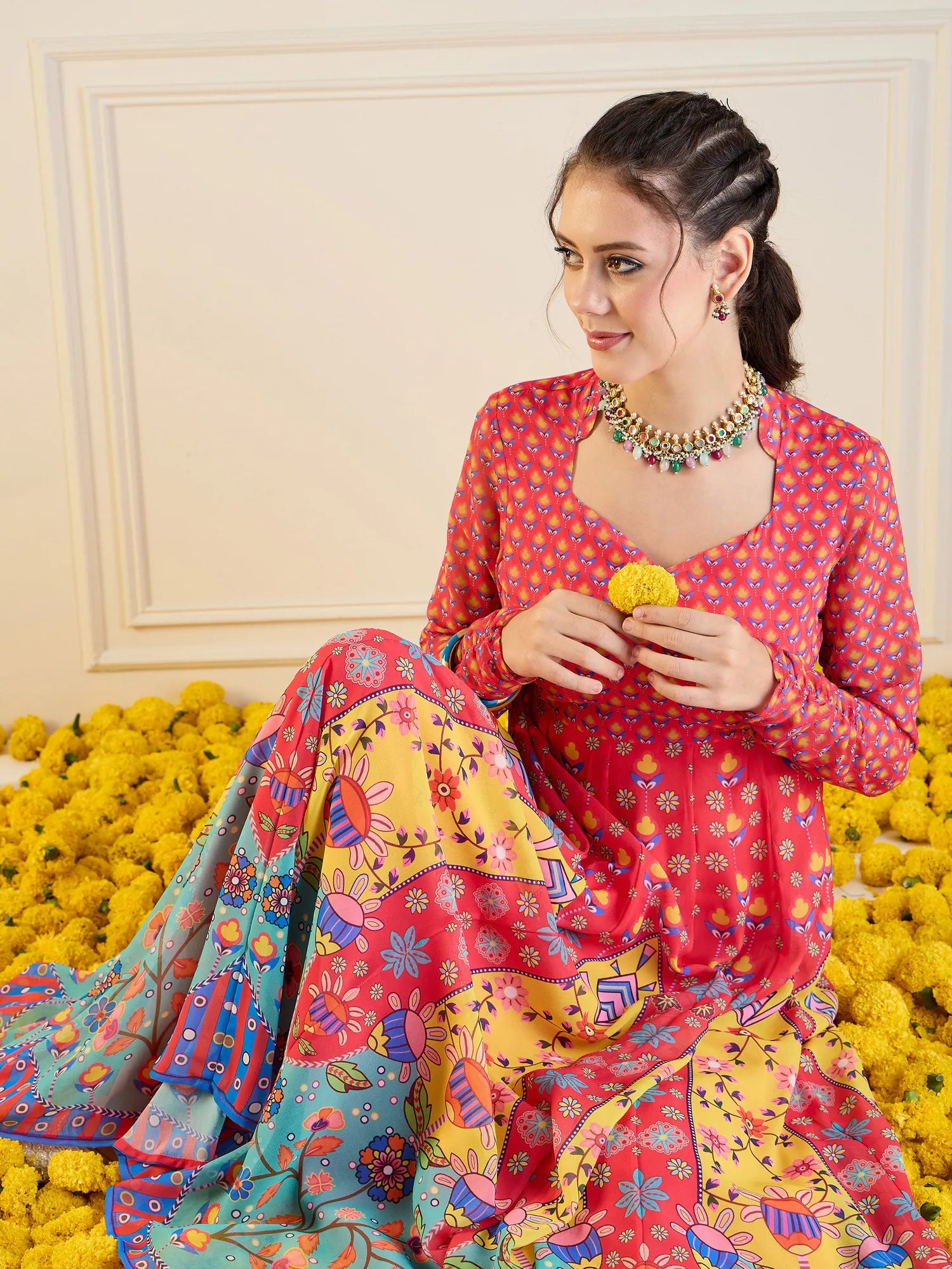 Floral Anarkali Kurti - Red & Yellow Sweetheart Neck Design