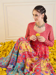 Women Red & Yellow Floral Sweetheart Neck Anarkali Kurta-SHKUR00418
